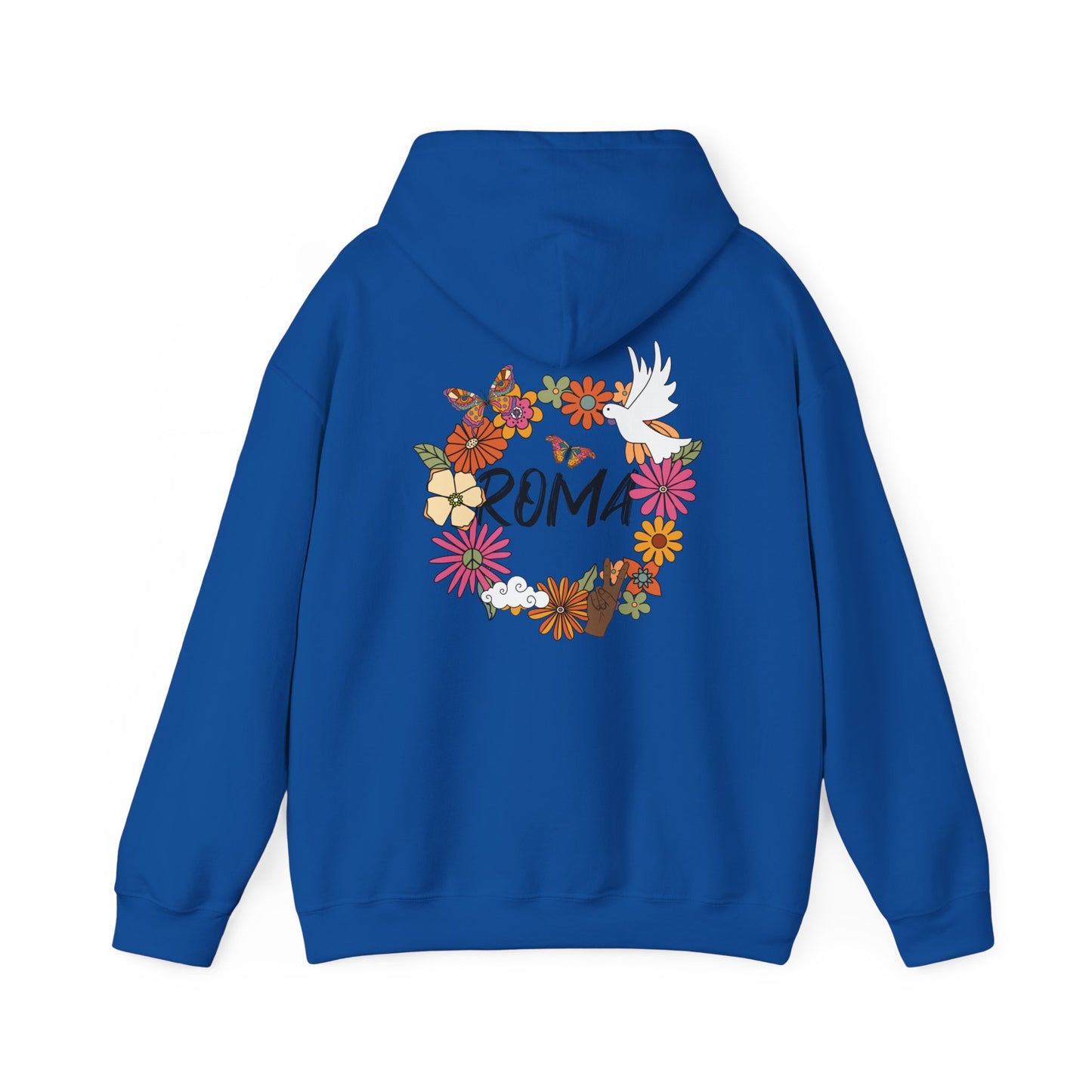 Hoodie design highlighting a circle of flowers with a serene dove, and “ROMA” text nestled within the floral ring.