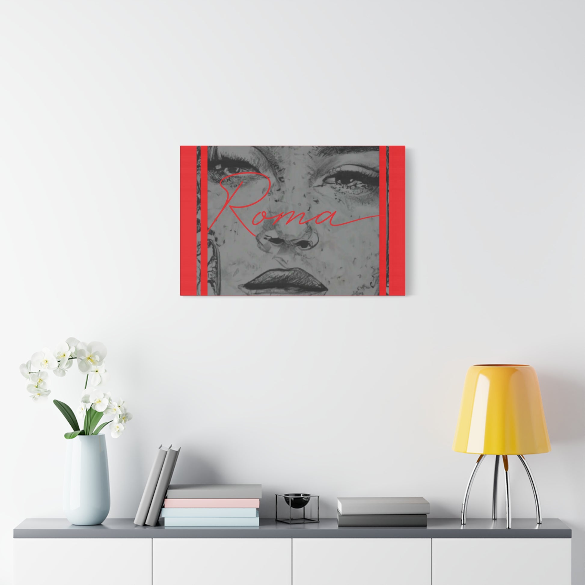 Decor canvas showing a pensive girl with soft tears beneath bold ROMA lettering, evoking strength in vulnerability.