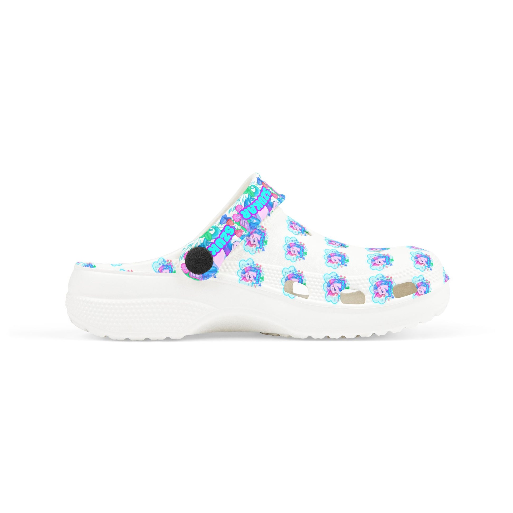 Soft Crocs with charming unicorn motifs and colorful hoof prints.