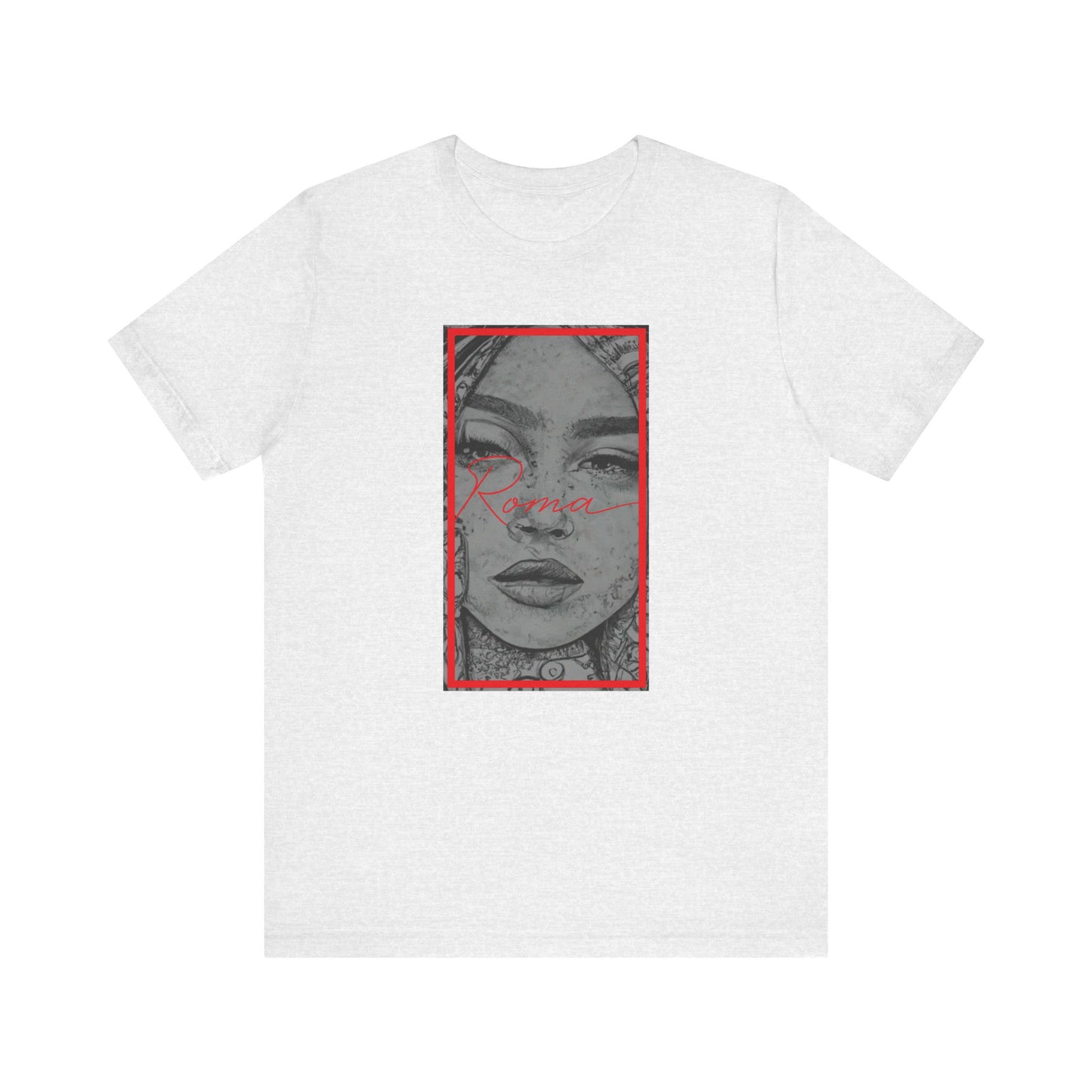T-shirt design of a girl's expressive eyes and partial face, layered over vintage textures and faded text.