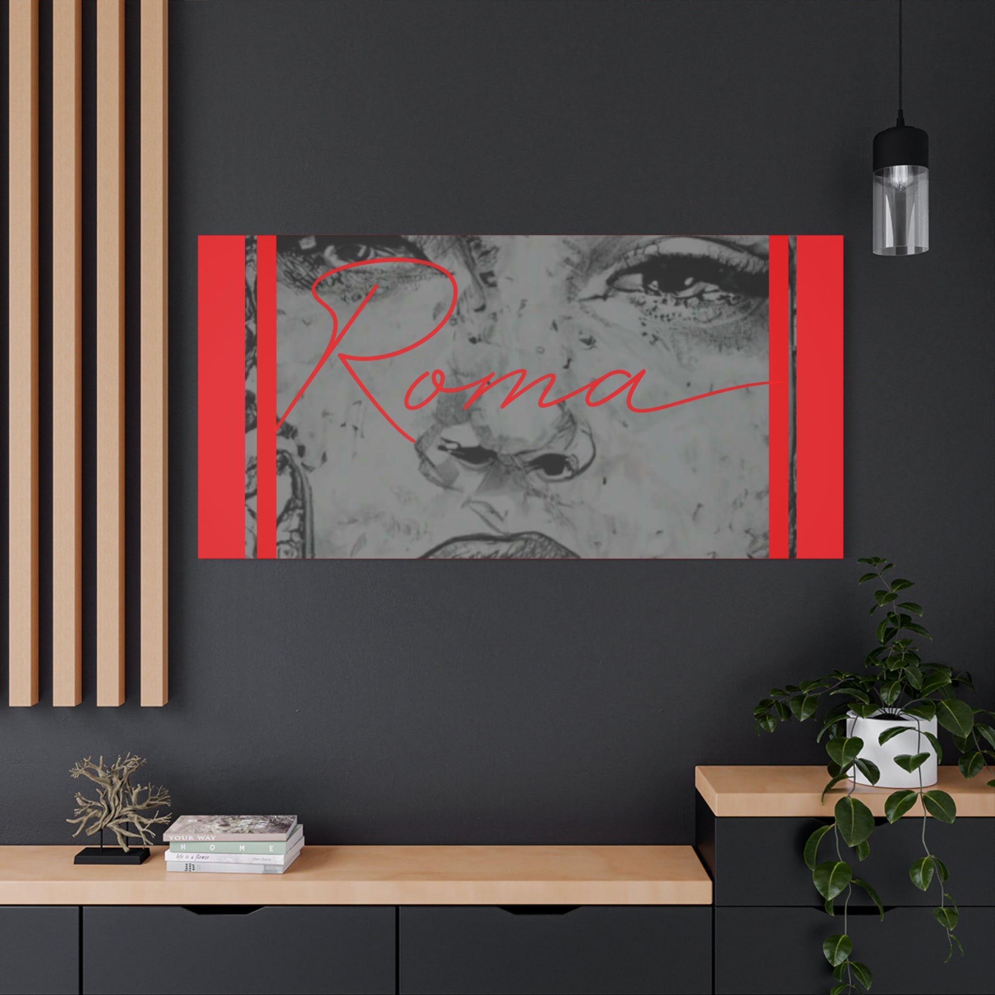 Emotive canvas décor featuring a solemn girl and vertical ROMA text in a bold, minimalist style.