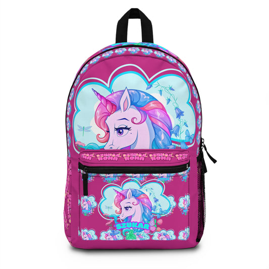 Cute pink unicorn backpack with large SZUKAR text printed prominently.

