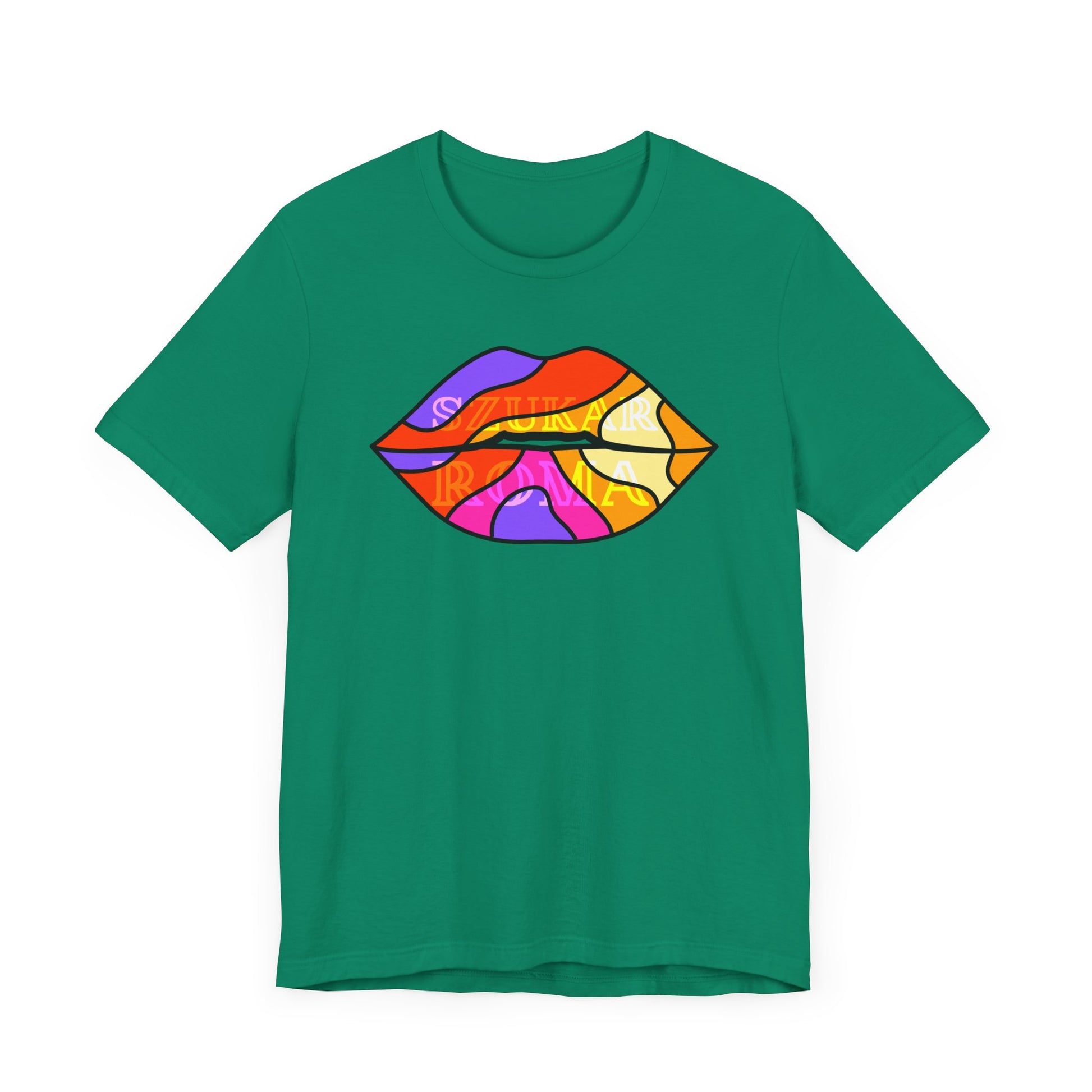 Pop-style lips graphic on tee with soft pastel tones and faded brand text