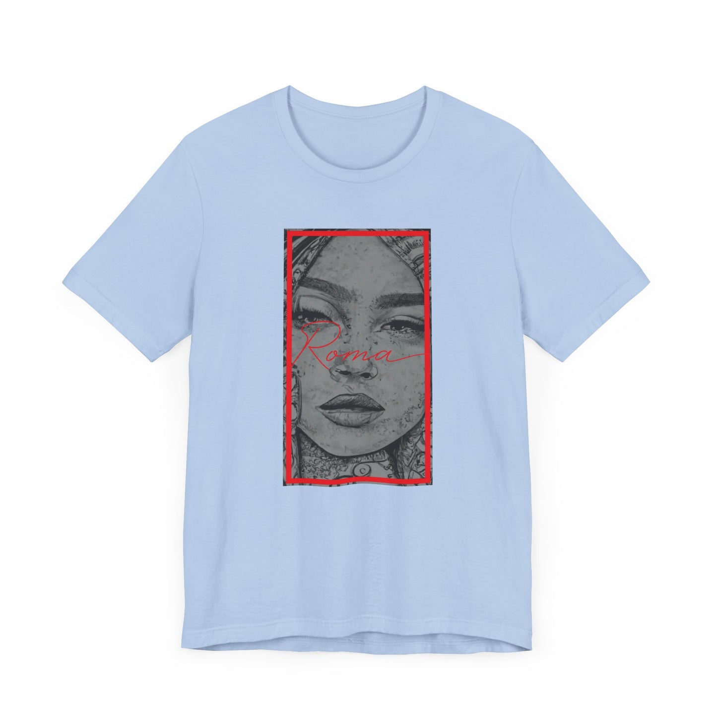 Urban style short sleeve tee featuring a powerful image of the Roma statue, ‘ATTENTION’ text shadowed behind, and ‘Roma’ written at the bottom.