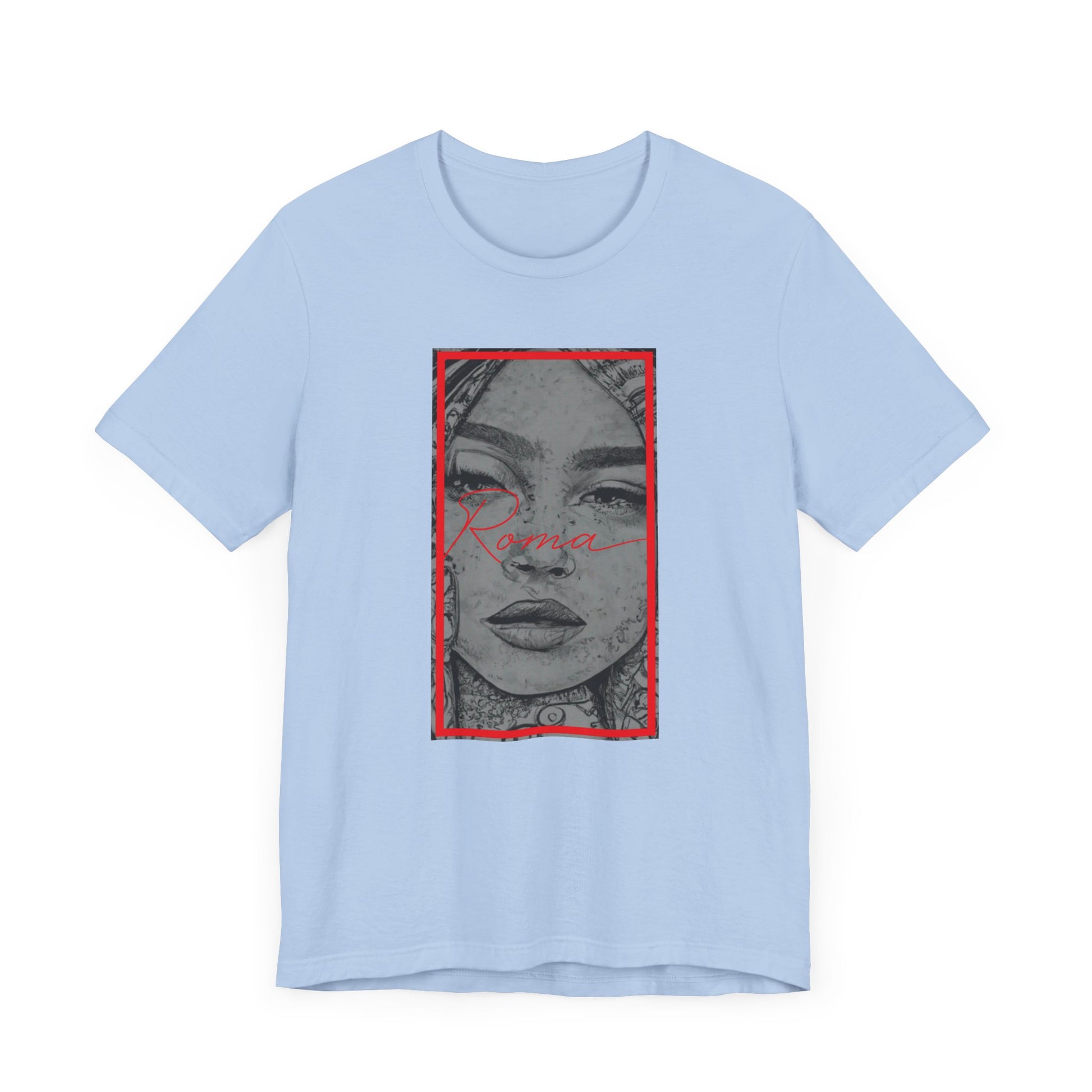 Urban style short sleeve tee featuring a powerful image of the Roma statue, ‘ATTENTION’ text shadowed behind, and ‘Roma’ written at the bottom.