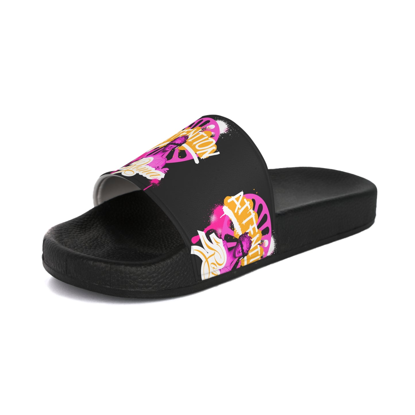 Stylish black slide slipper with front 'ATTENTION' print and angel graphic