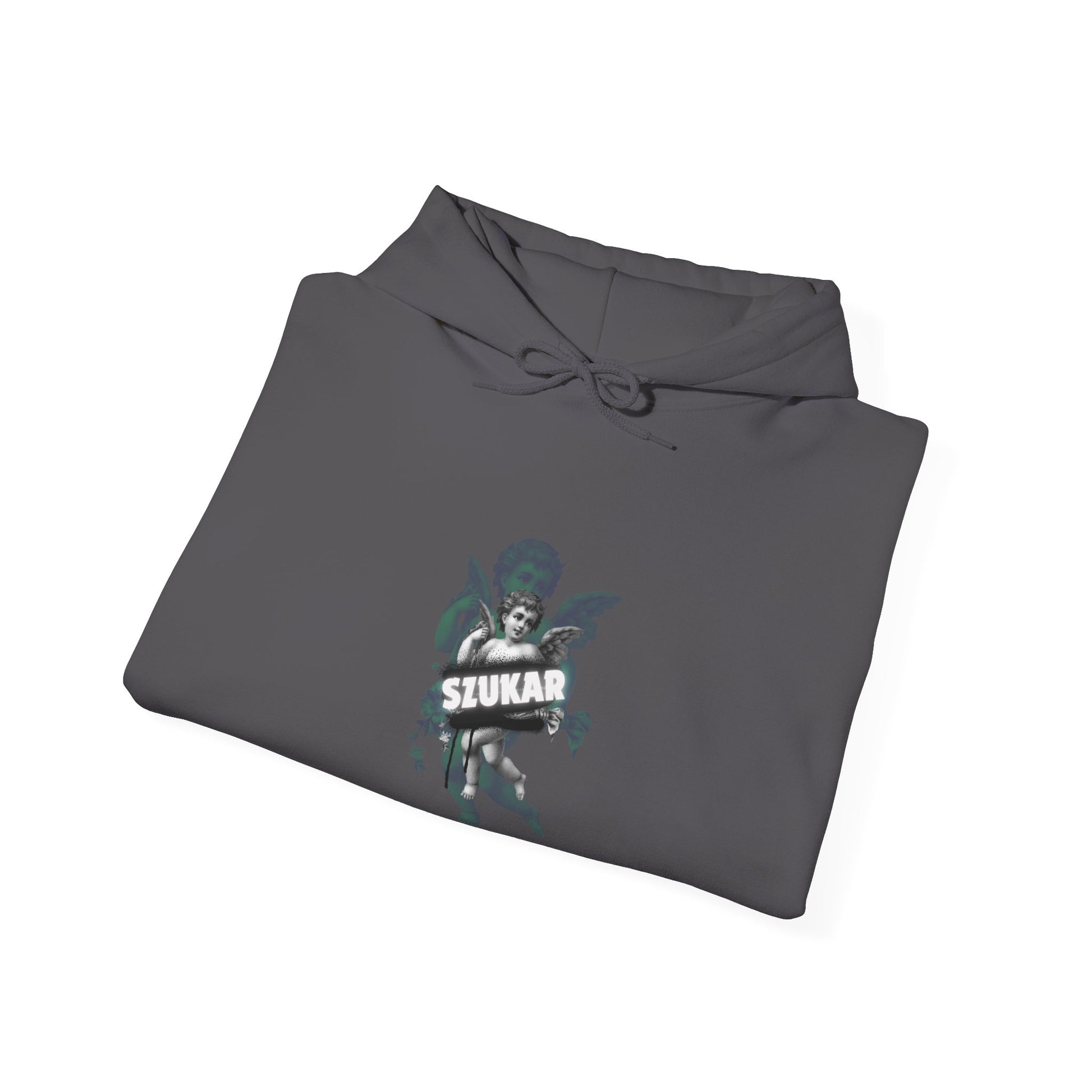 Urban-style hoodie featuring a celestial angel motif and bold ‘SZUKAR’ text.