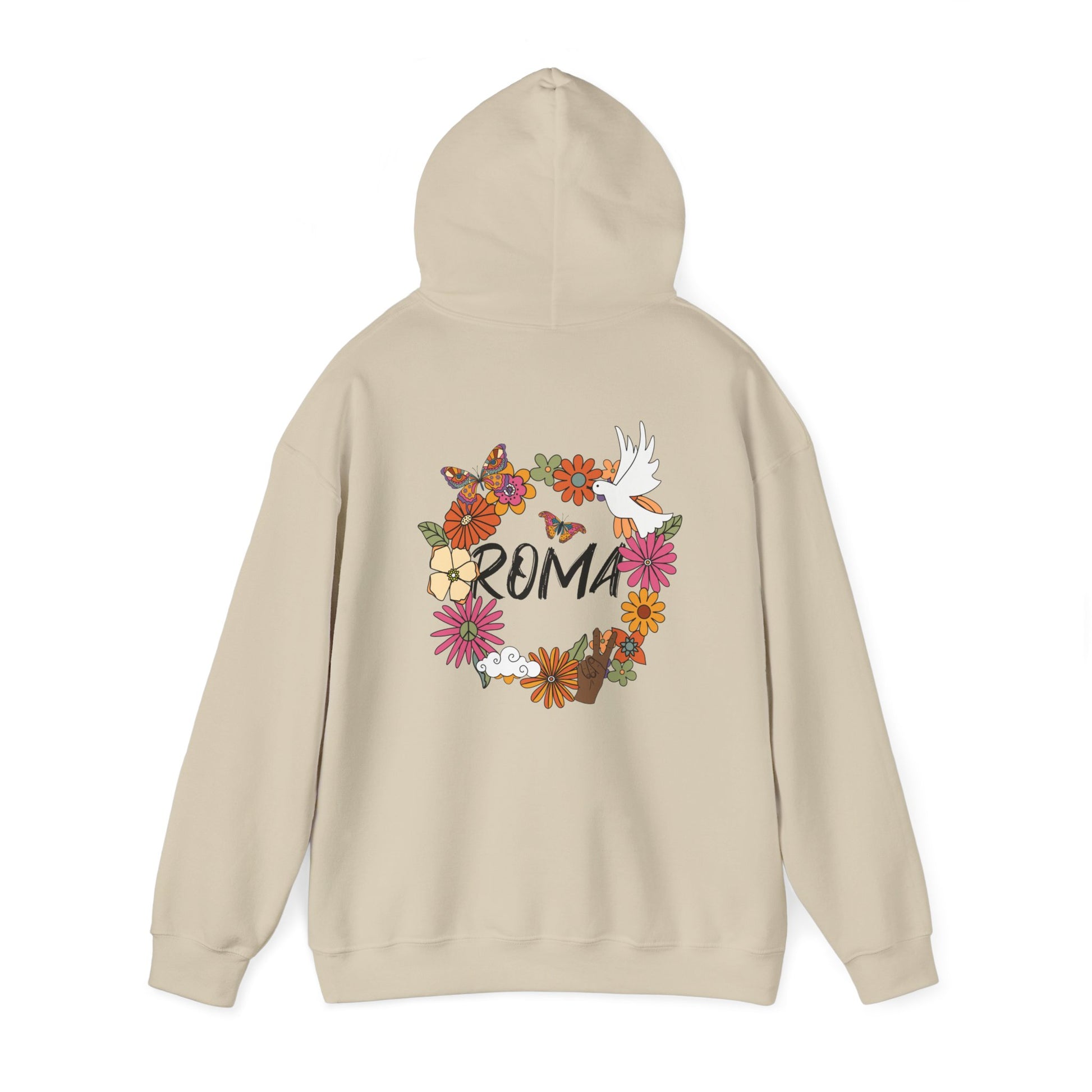 Hoodie featuring a blooming halo of flowers, a peaceful dove nestled within, and “ROMA” text floating gracefully inside.