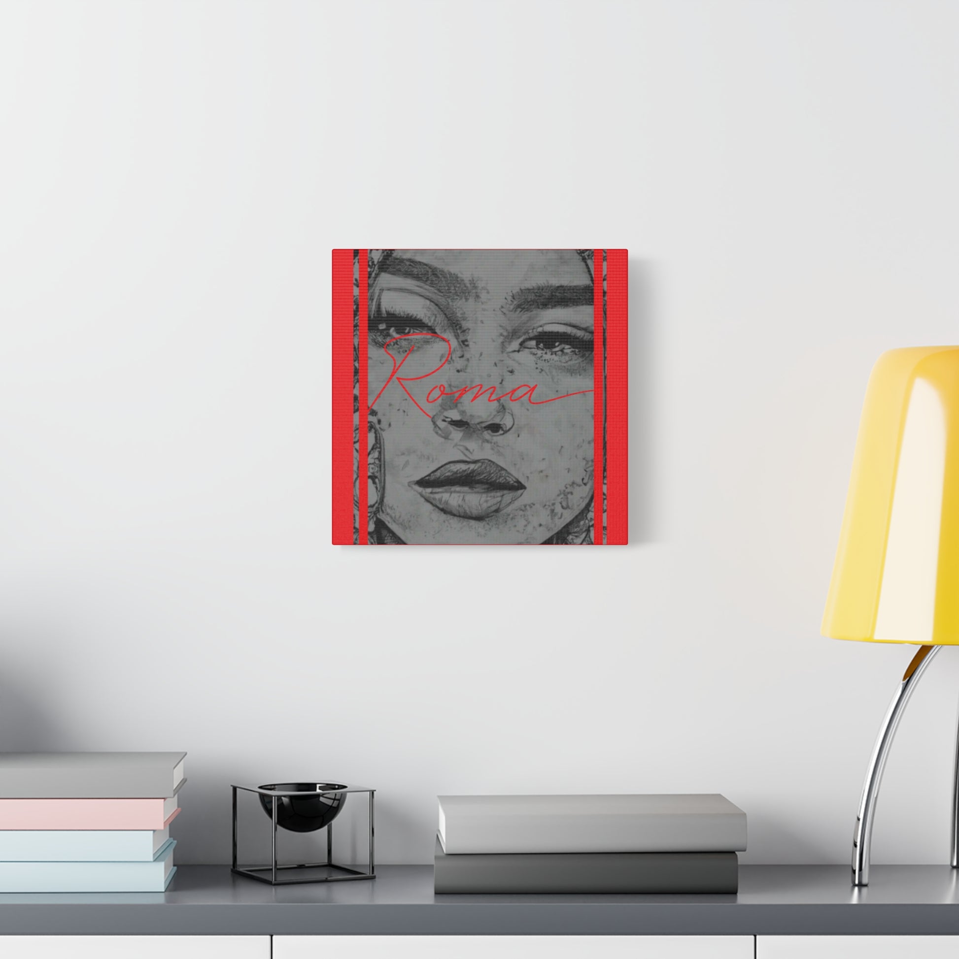 Canvas decor piece portraying quiet sadness in a girl's eyes, framed with clean, vertical ROMA text for balance and meaning.