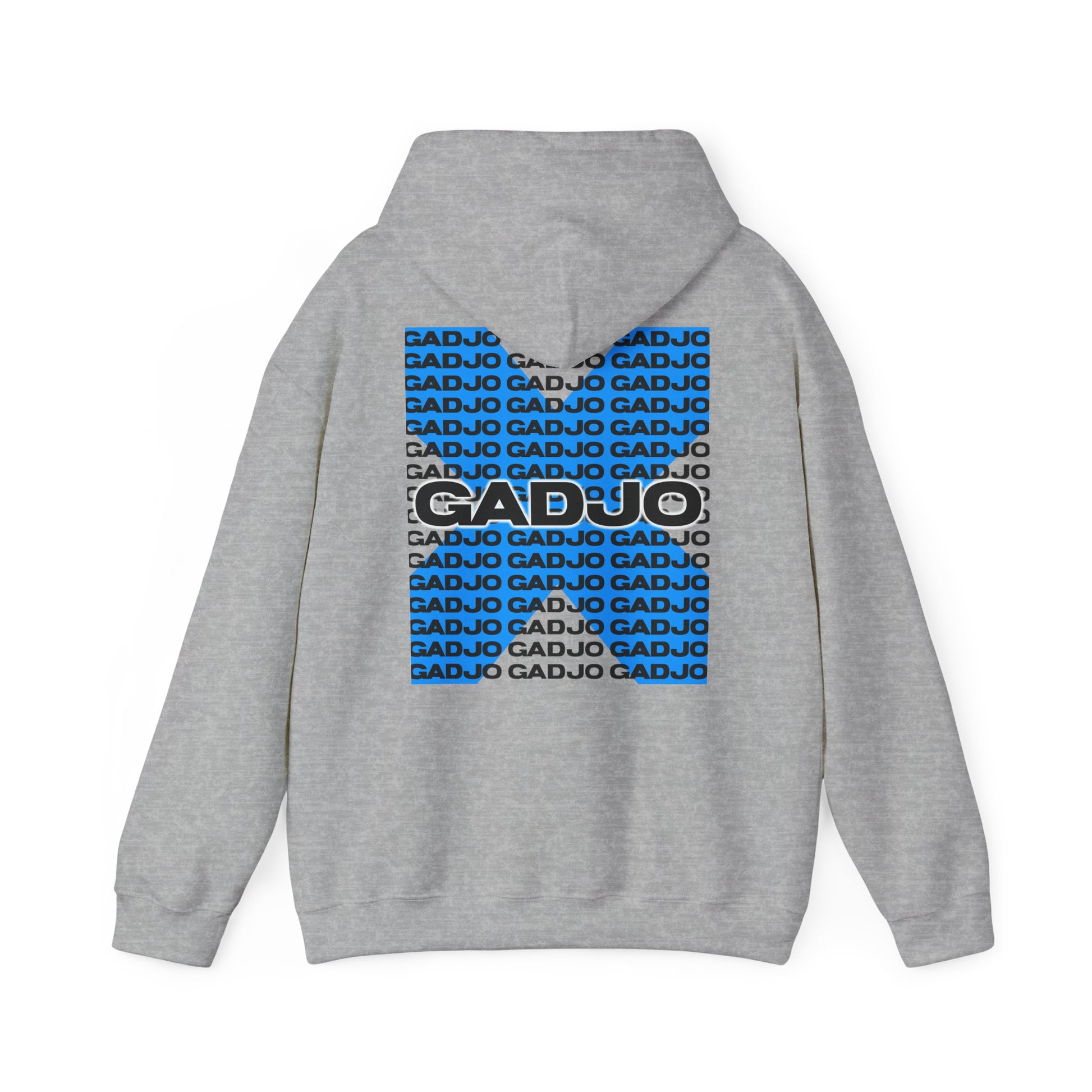 Hoodie with sleek, modern “GADJO” text layered over abstract geometric shapes.


