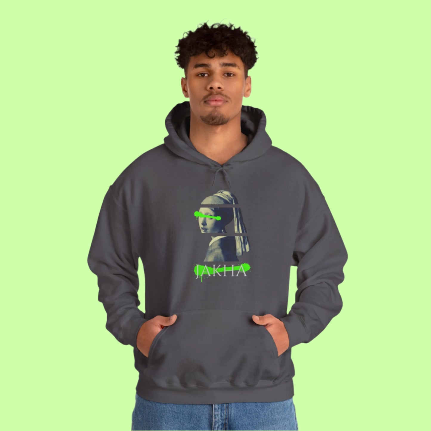 Statement hoodie showcasing a Roma girl with a slight tear, set against faded text and abstract shapes.

