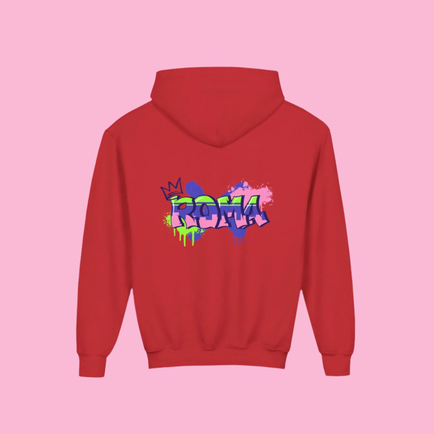 Youth hoodie with bold ROMA lettering across the chest in playful font.