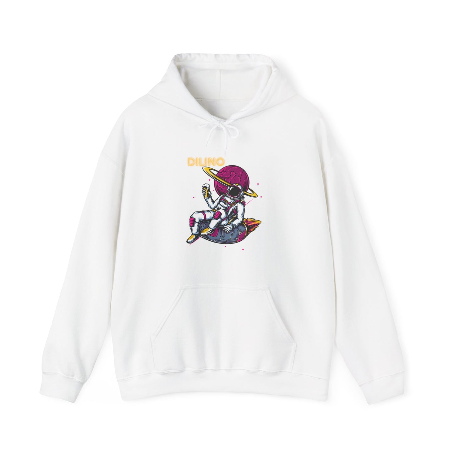 Soft hoodie with deep blue and grey tones—moon-centered astronaut illustration with “DILINO” in sci-fi-style text.

