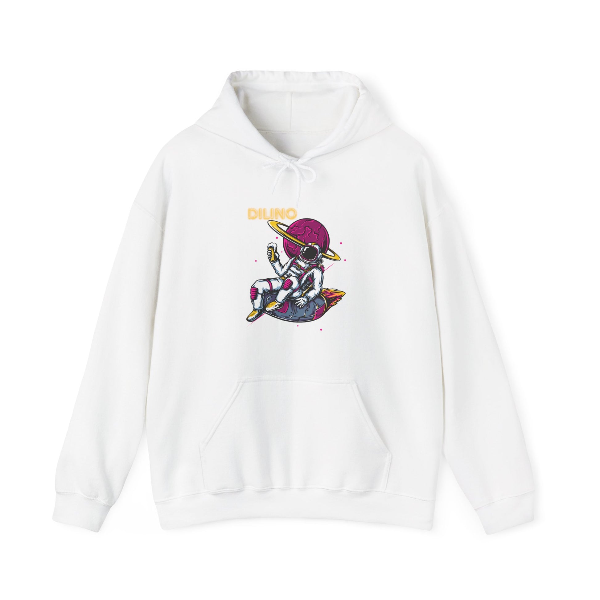 Soft hoodie with deep blue and grey tones—moon-centered astronaut illustration with “DILINO” in sci-fi-style text.

