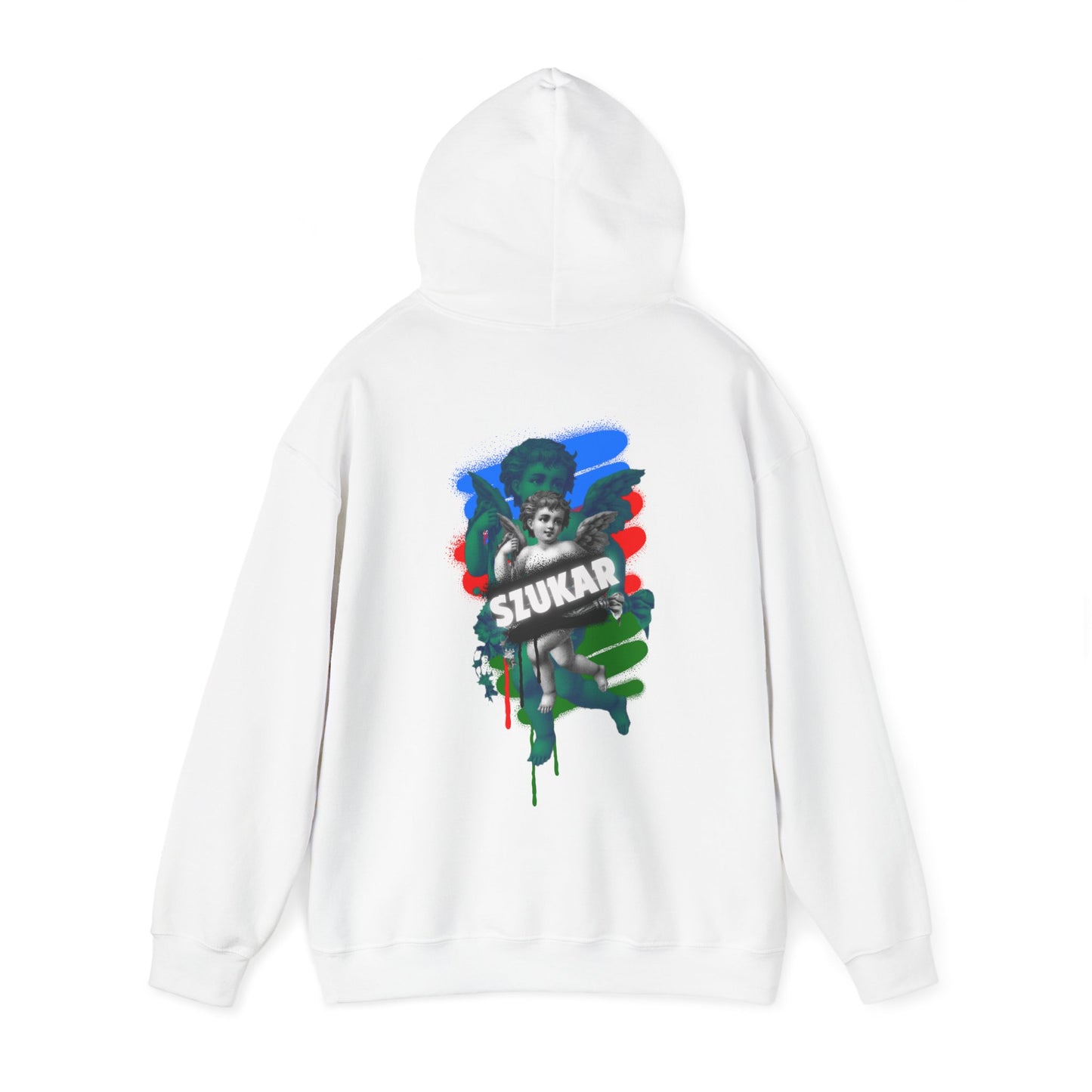 Black pullover hoodie with and angel print on the chest