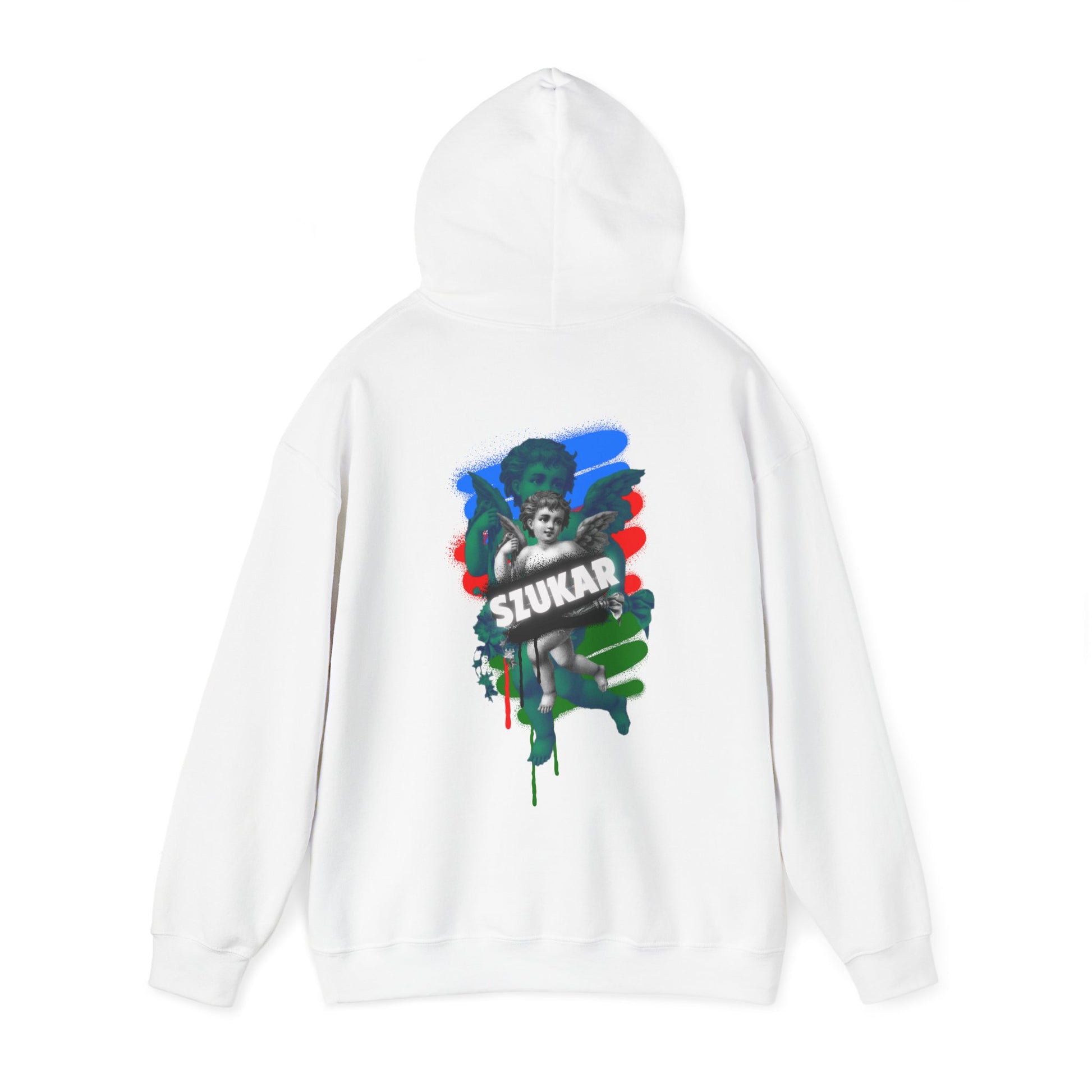 Black pullover hoodie with and angel print on the chest