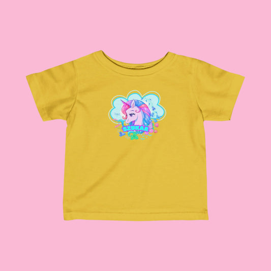 Playful kids’ t-shirt with a colorful unicorn surrounded by clouds and sparkles.