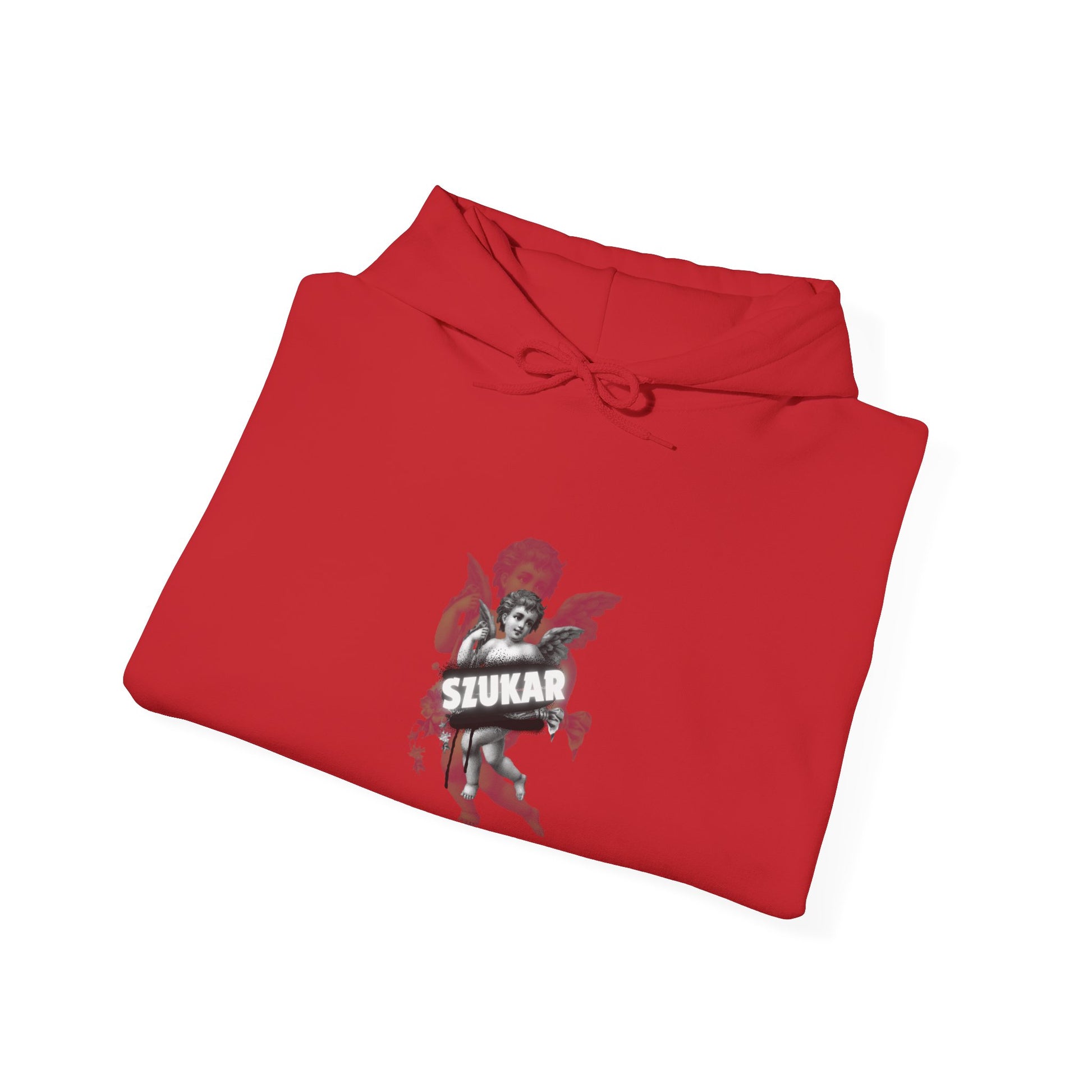 Modern hoodie with a striking angel illustration and large ‘SZUKAR’ text