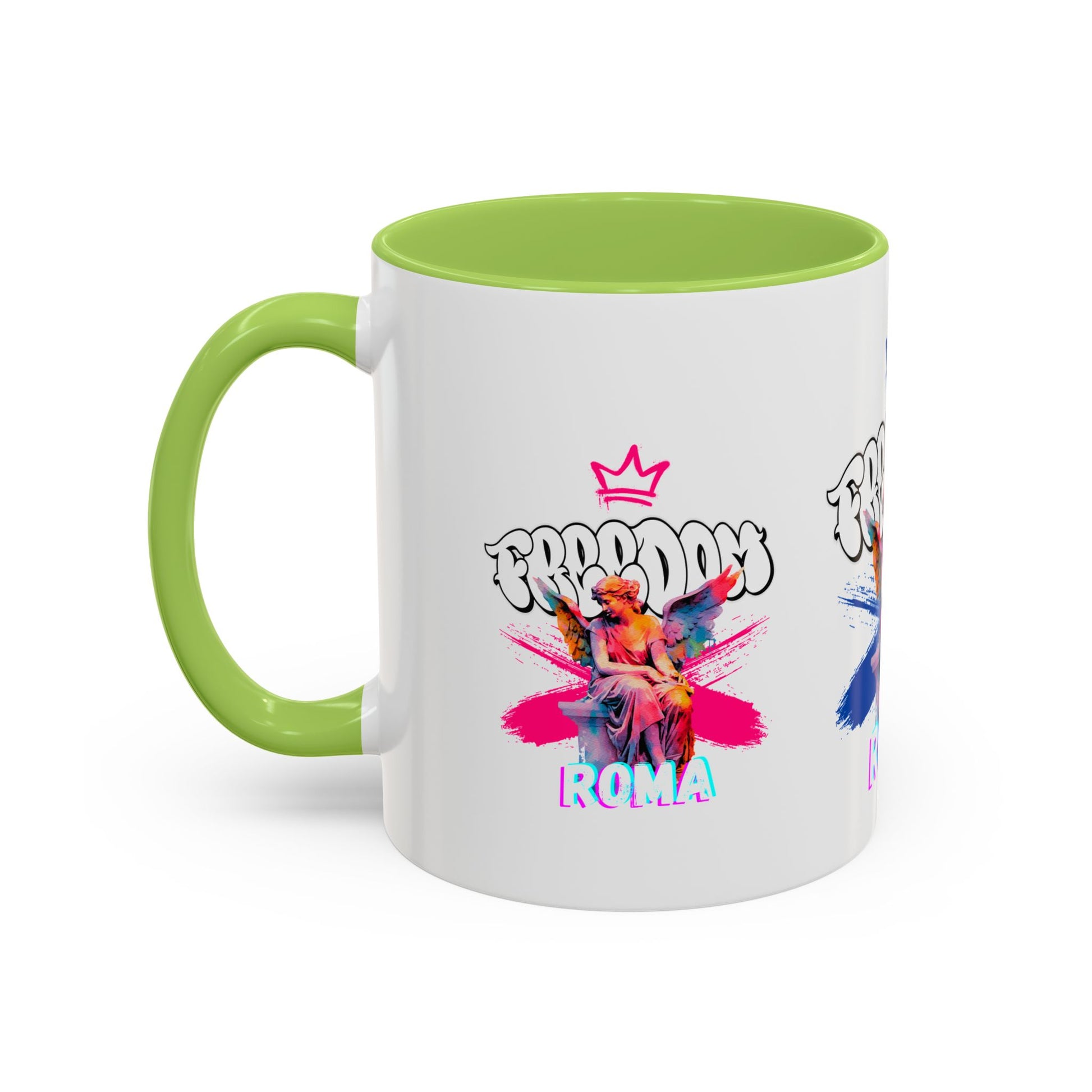 Green mug with green handle and rim that deepens in color when hot, angel design with ROMA text