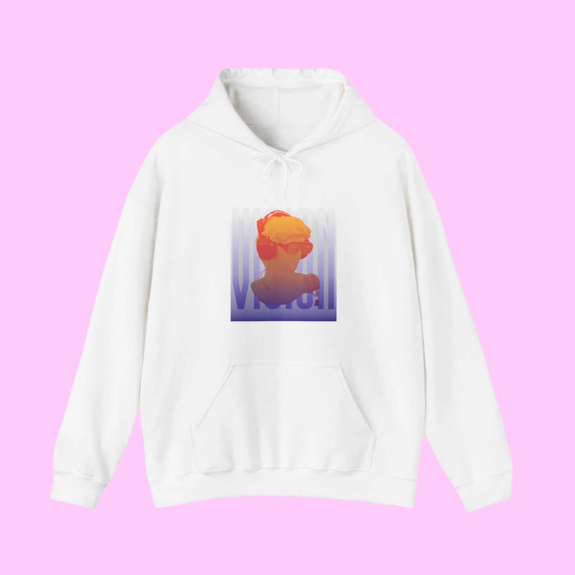 Hoodie design showcasing a girl’s face, bold ‘ROMA’ text, and ‘VISION’ text blended into the background.