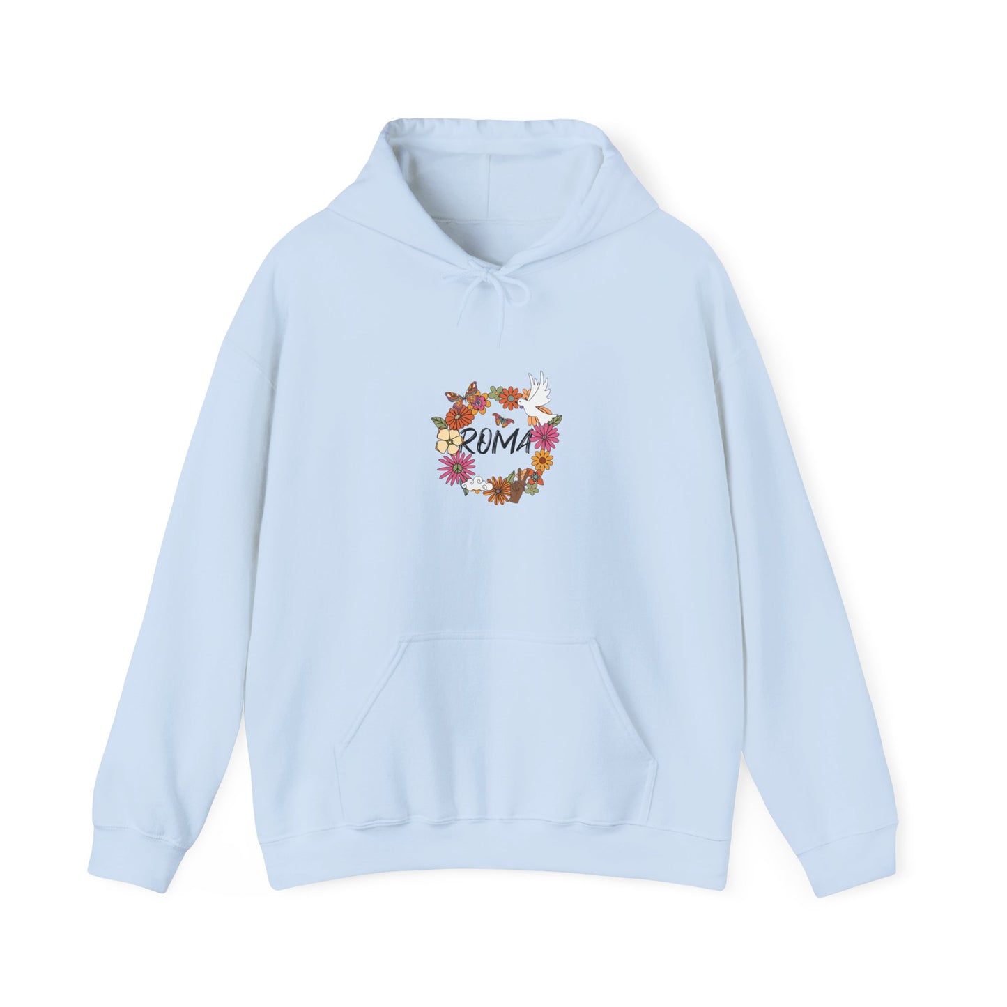 Hoodie showcasing a symbolic wreath of flowers encircling a soaring dove and refined “ROMA” script.

