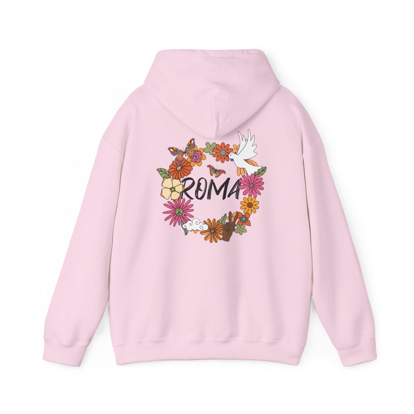 Hoodie with an oversized ‘R’ graphic, complemented by fine ‘SZUKAR ROMA’ lettering beneath.
