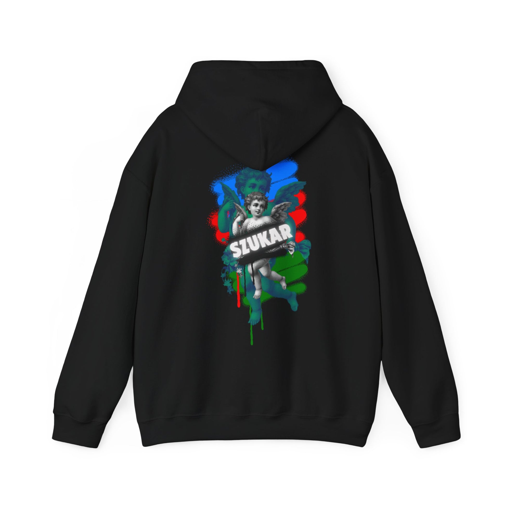 Fashionable black hoodie showcasing ZORAL ROMA text and a symbolic angel graphic