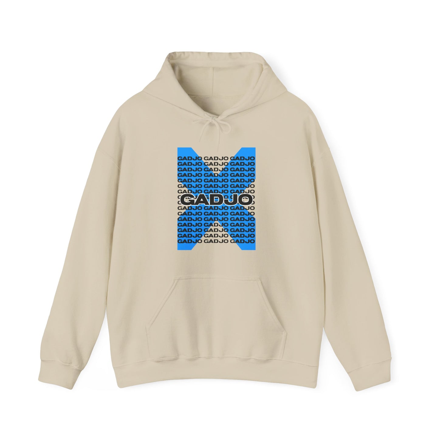 Contemporary hoodie with “GADJO” text surrounded by subtle abstract shapes for added flair.

