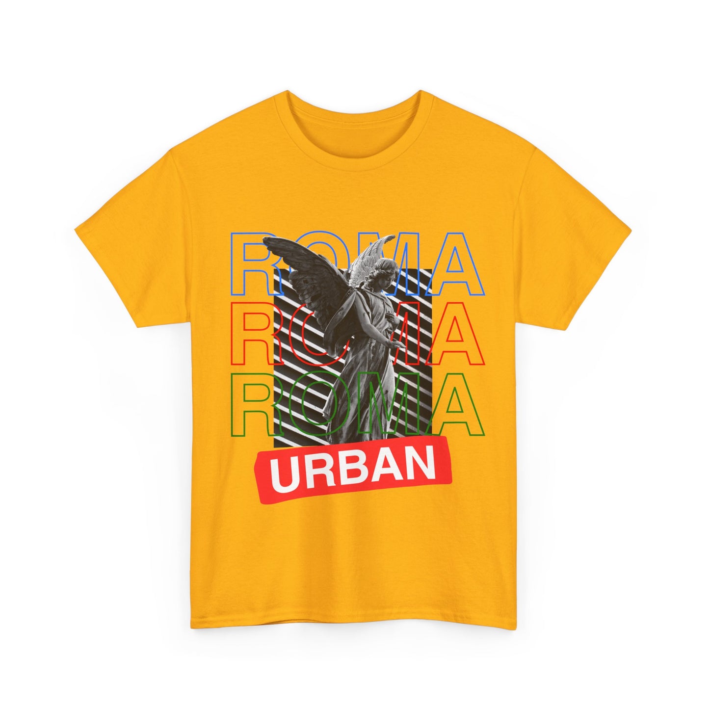 Urban graphic tee with classical angel statue and modern “ROMA ROMA ROMA” overlay in bold font.