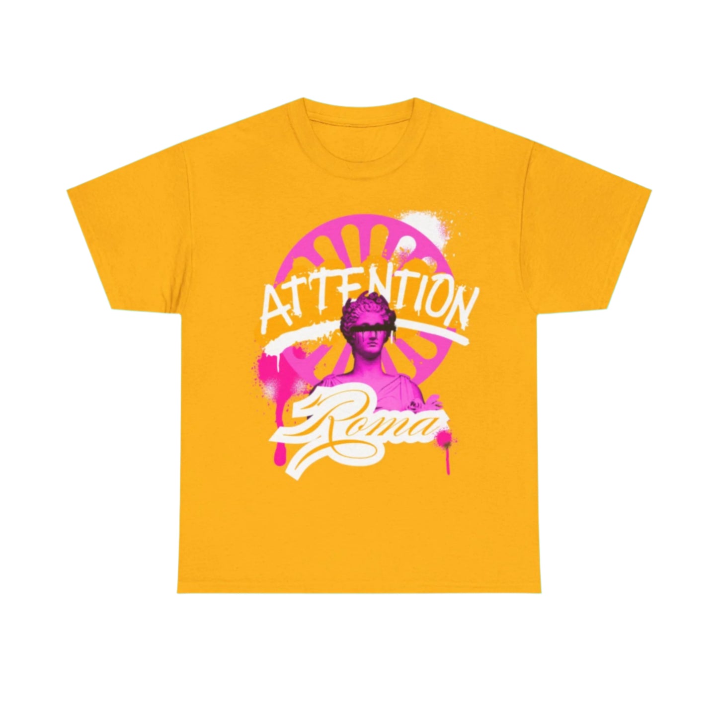 Graphic short sleeve t-shirt featuring Roma statue design, 'ATTENTION' text layered in background, and 'Roma' text below.