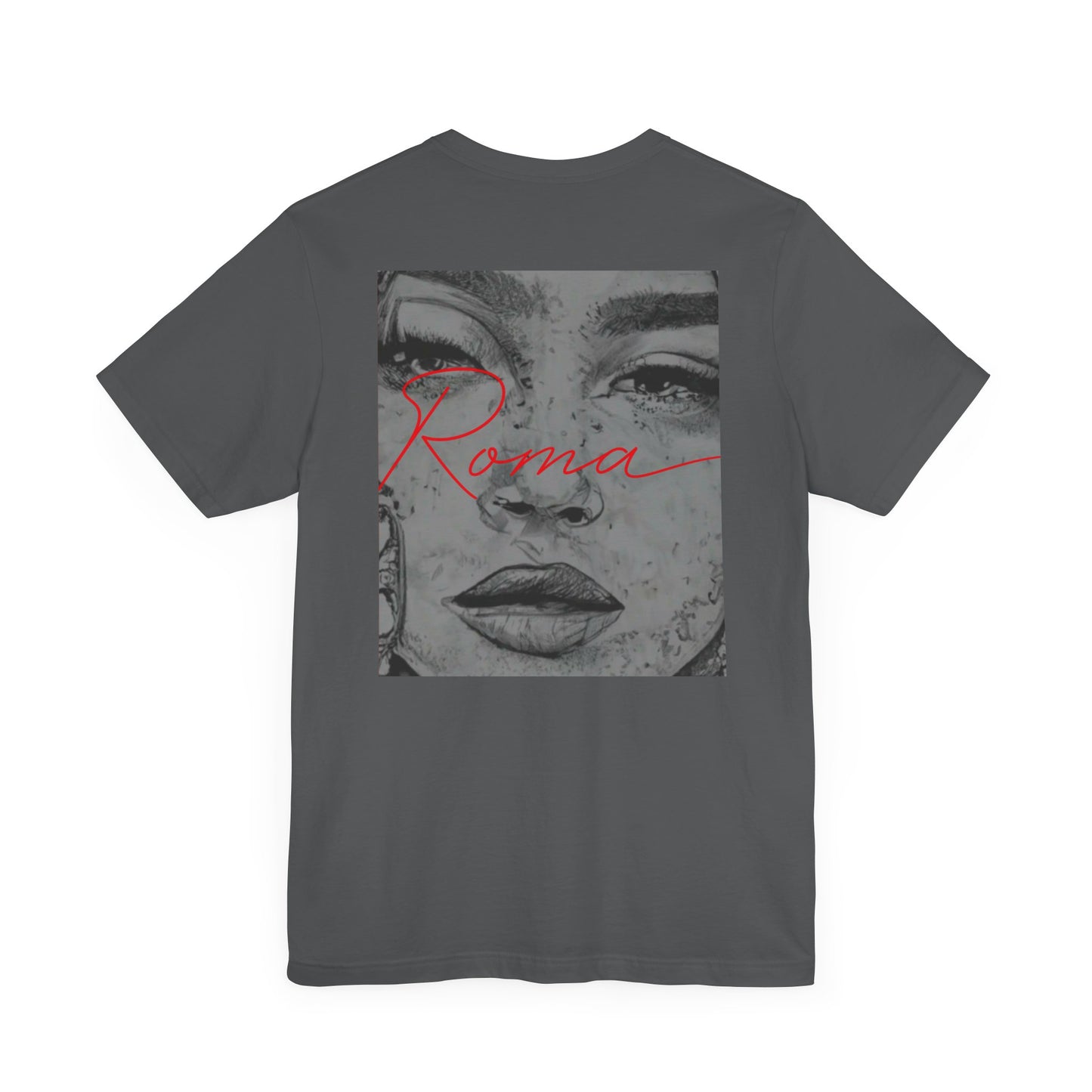 Graphic tee with a vintage-inspired Roma statue front design, ‘ATTENTION’ text overlaying the background, and ‘Roma’ text anchoring the lower part of the shirt.
