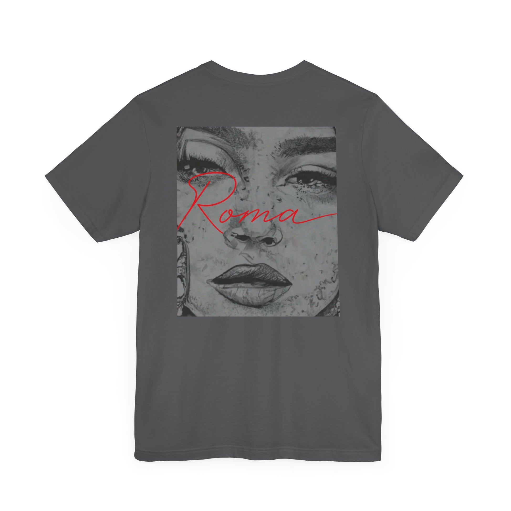 Graphic tee with a vintage-inspired Roma statue front design, ‘ATTENTION’ text overlaying the background, and ‘Roma’ text anchoring the lower part of the shirt.