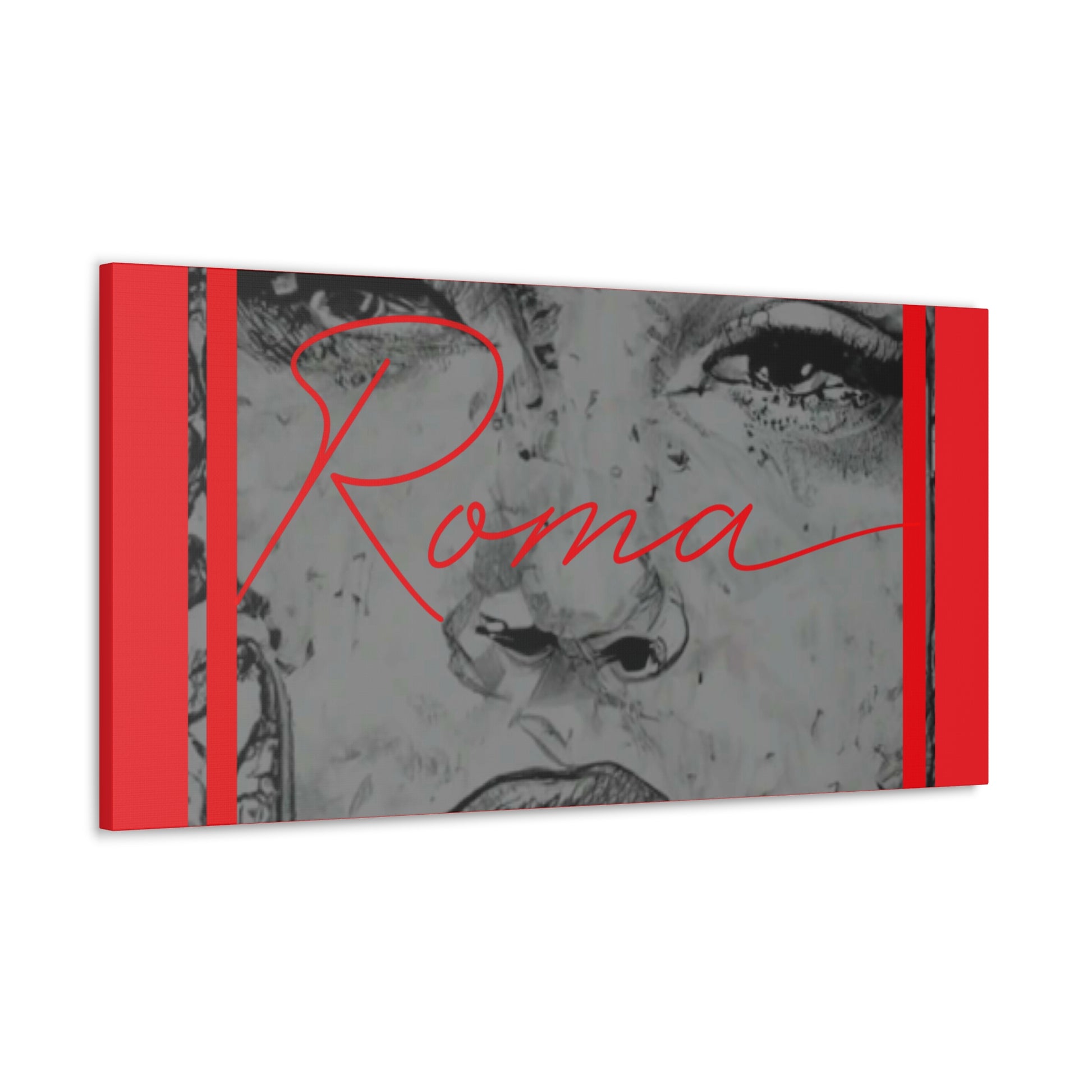 Gallery-style canvas featuring a close-up on a girl's emotional expression with minimalist ROMA text.