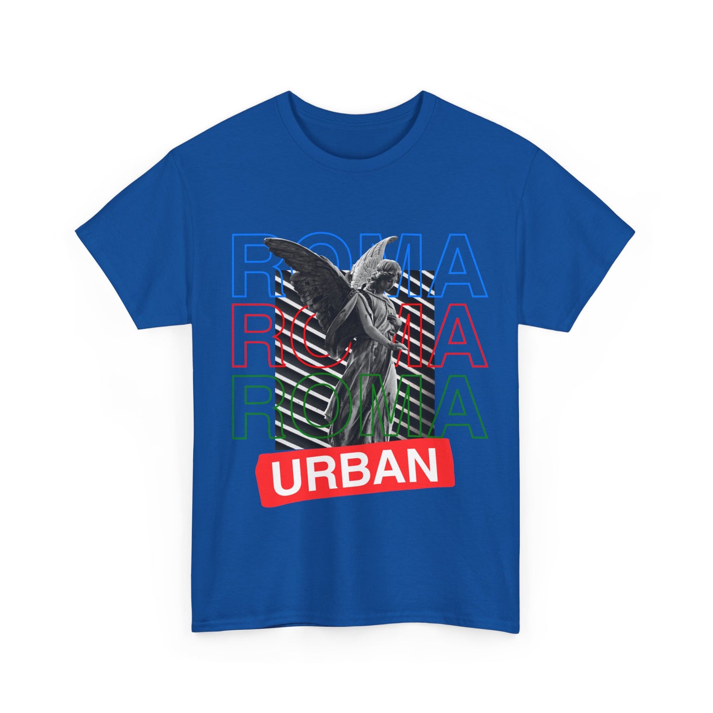 Bold front tee design showing angel figure with layered Roma lettering and minimalist urban tag.

