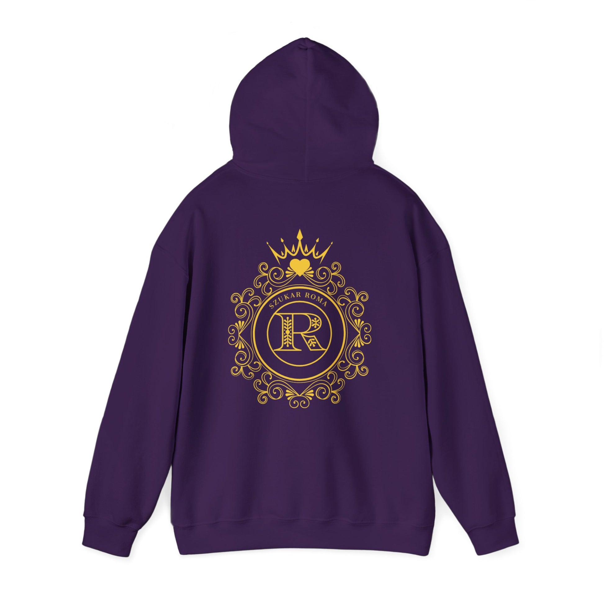 Fashion hoodie with monogram R encircled by SZUKAR ROMA and topped with a crown — a modern badge of identity.

