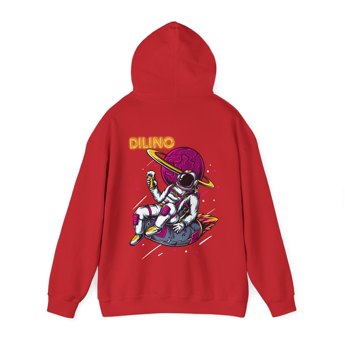 Hoodie featuring a lone astronaut floating in space with a glowing moon backdrop and bold “DILINO” text below.

