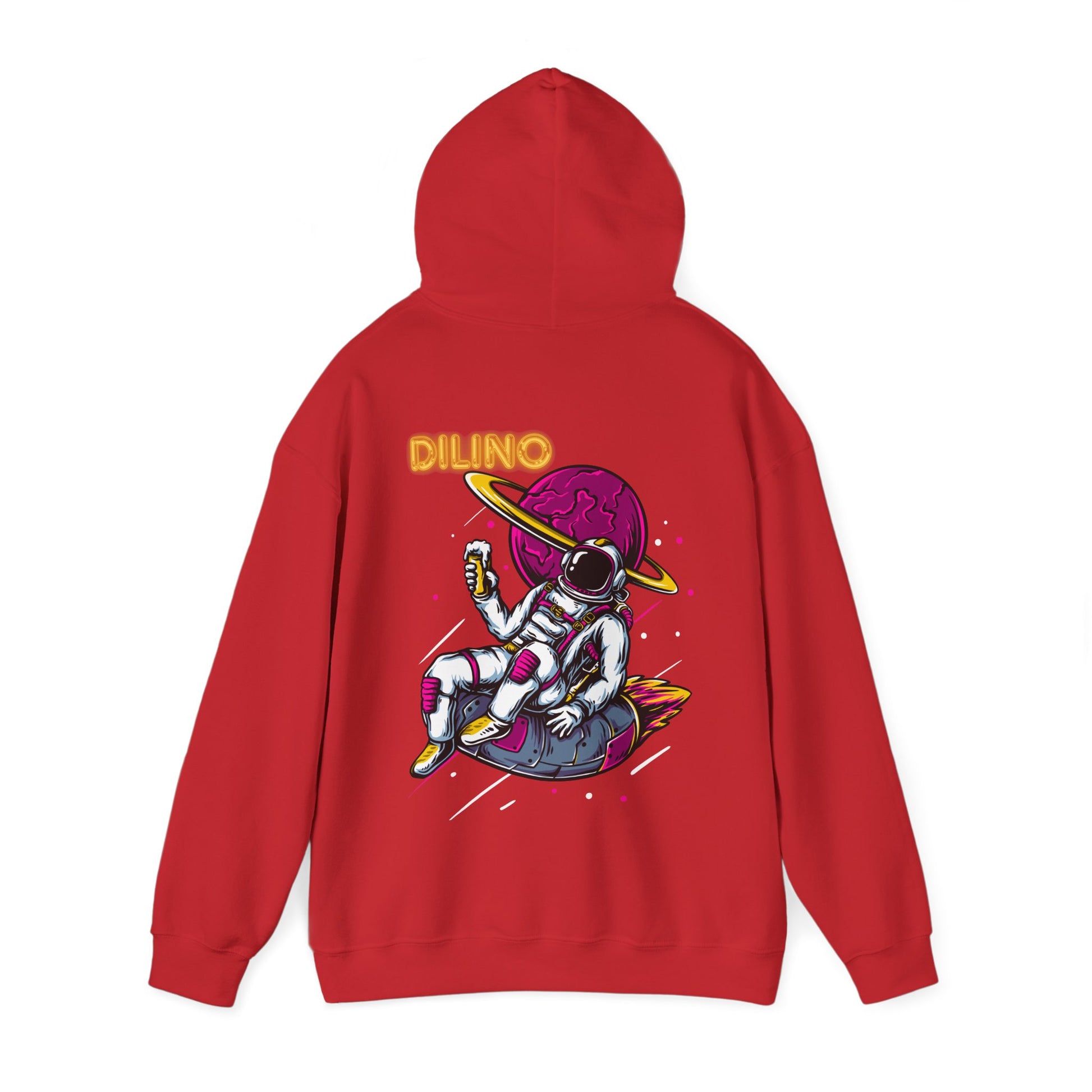 Hoodie featuring a lone astronaut floating in space with a glowing moon backdrop and bold “DILINO” text below.

