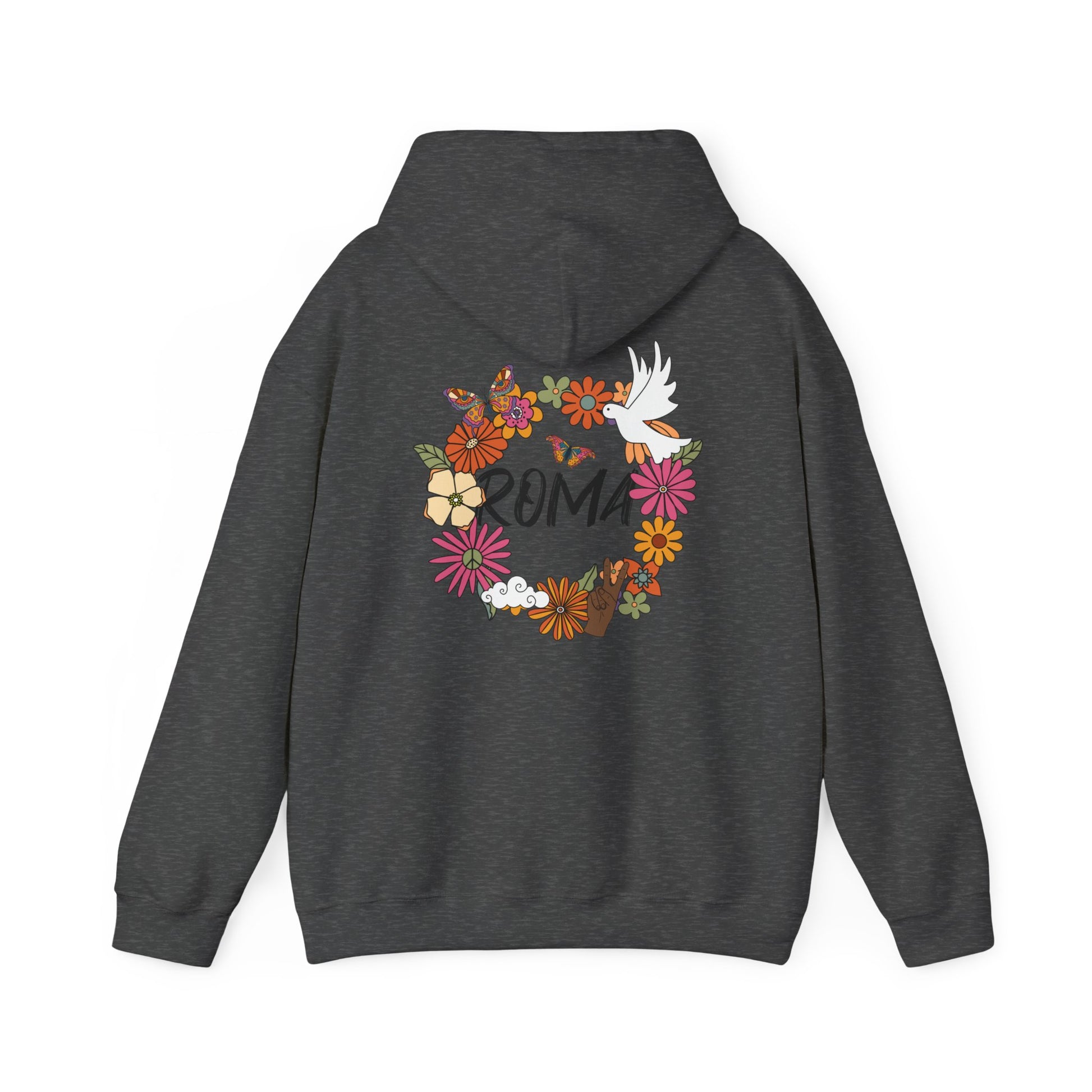 Soft hoodie adorned with a blooming flower circle surrounding a peaceful dove, with “ROMA” text inside the ring.