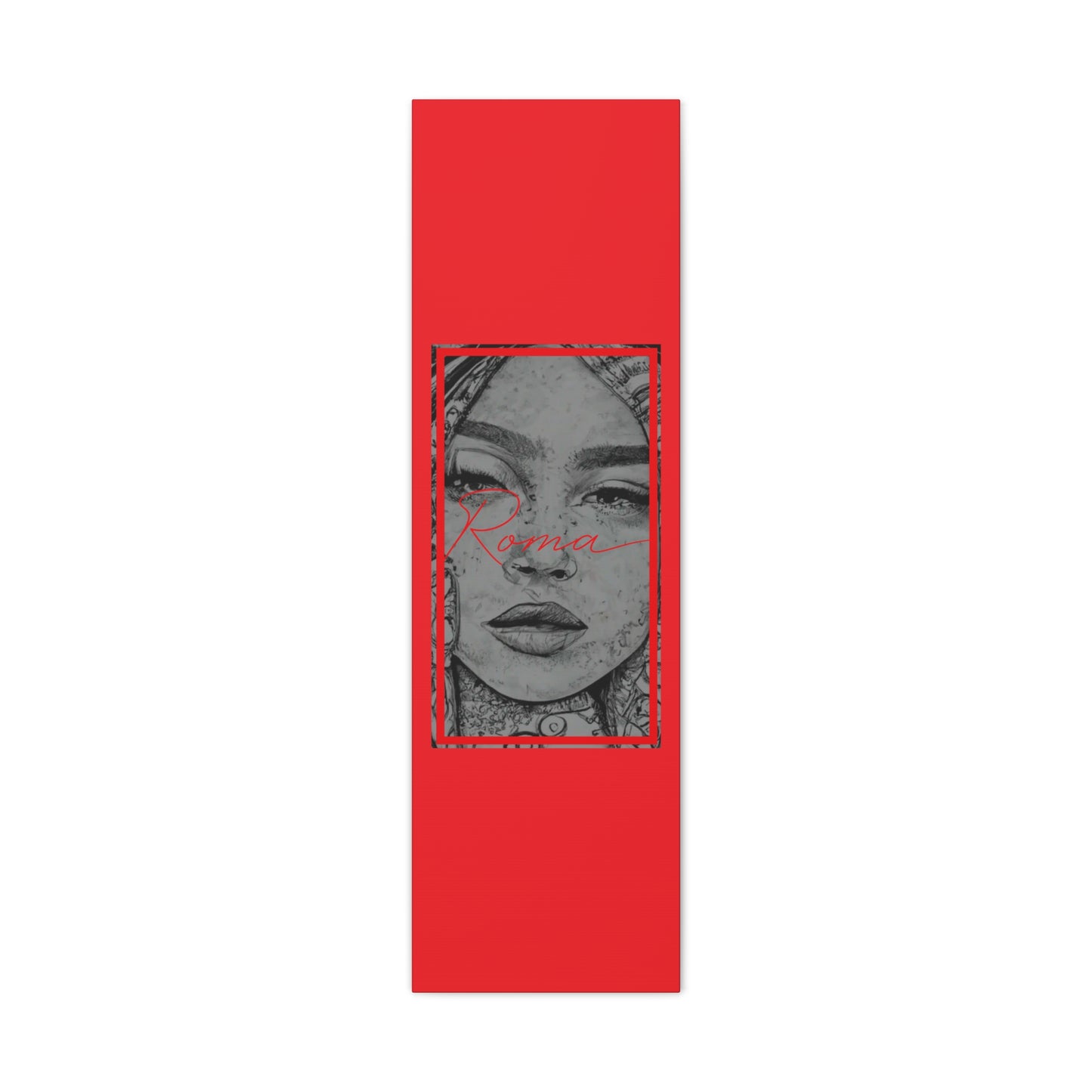 Moody canvas print focusing on the emotion in a girl’s eyes, complemented by simple ROMA text design.