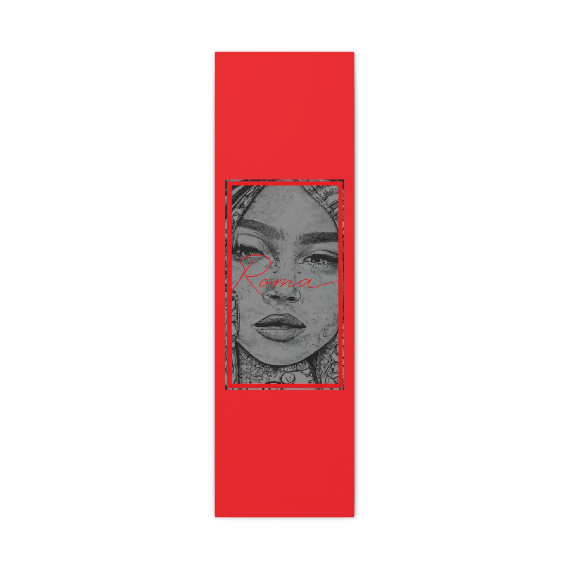 Moody canvas print focusing on the emotion in a girl’s eyes, complemented by simple ROMA text design.