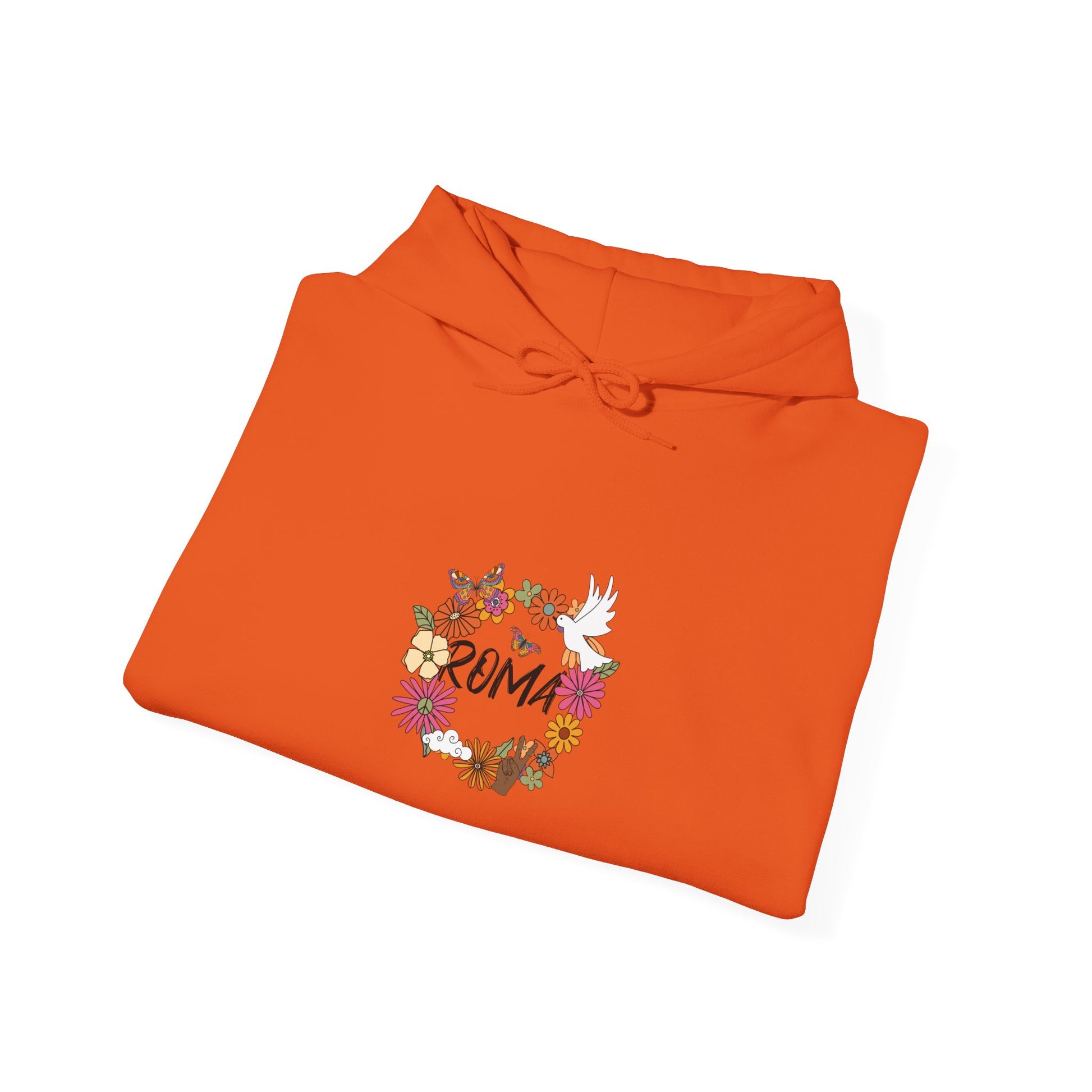 Hoodie with a blooming flower ring and a dove perched inside, the word “ROMA” centered within the design.