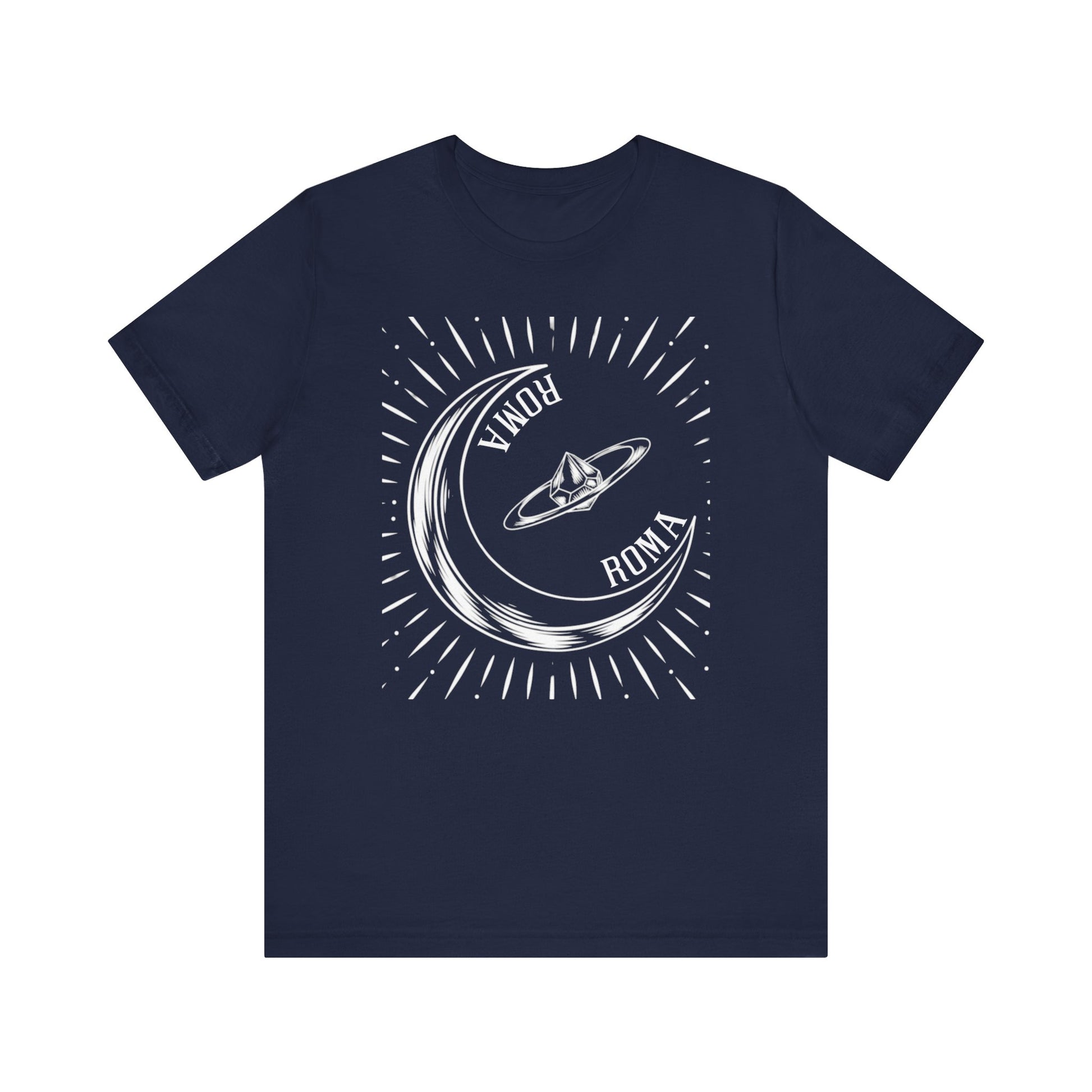 Dark Blue Roma T-Shirts Design shirt with celestial half-moon artwork and ROMA brandingg.