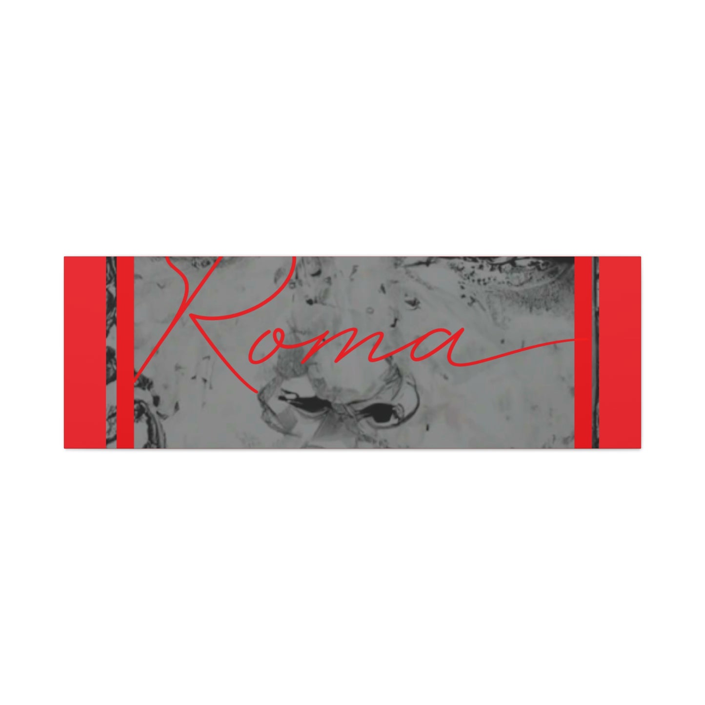 Decorative art canvas with a girl’s delicate face, emotion hidden in the softness of her eyes, and vertical ROMA lettering in a modern font.