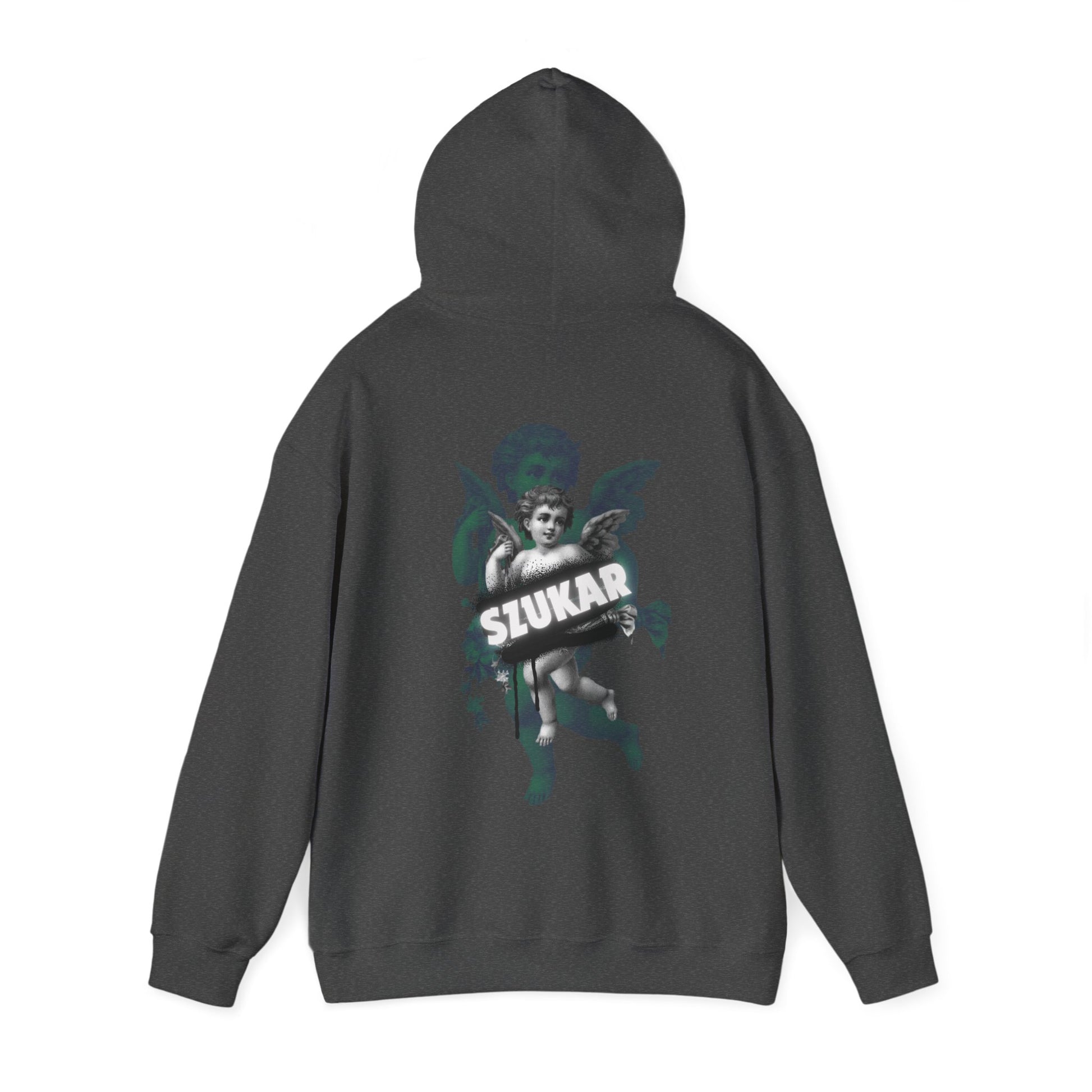 Statement hoodie with front angel emblem and large ‘SZUKAR’ title across the design.