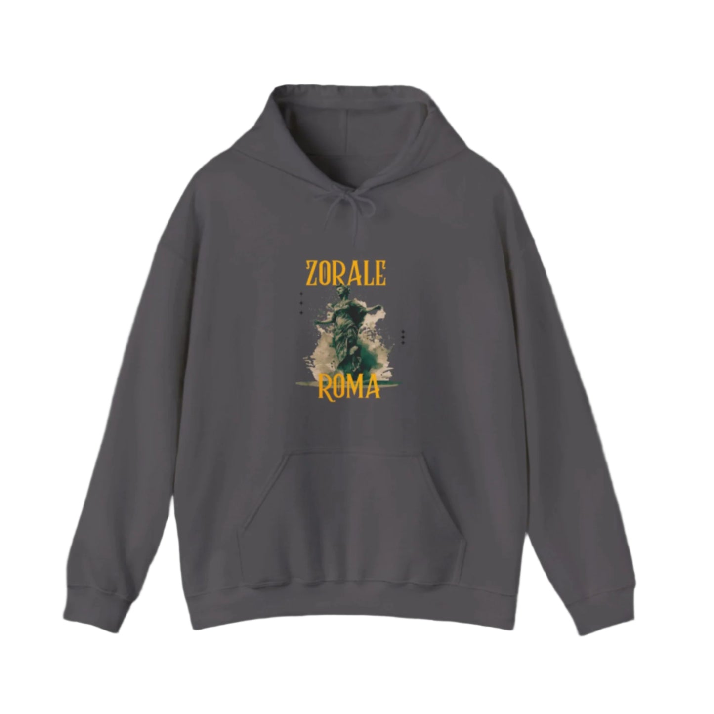 Gray hoodie with graphic design and text on a white background