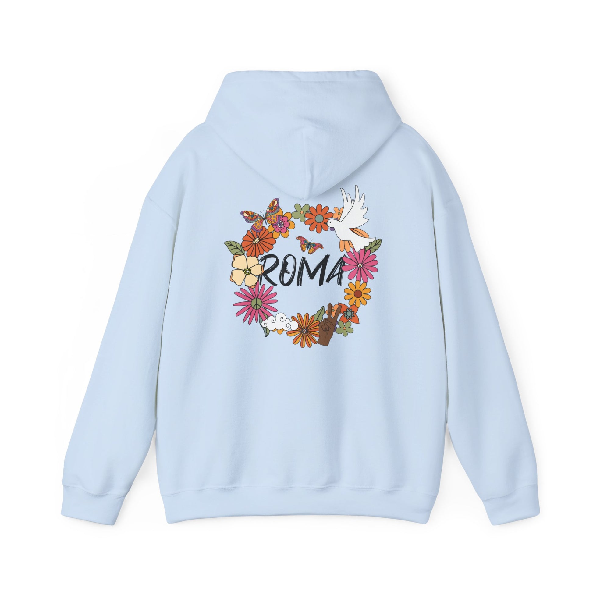 Cozy hoodie featuring a circle of vibrant flowers, a dove in the center, and “ROMA” text elegantly set inside the wreath.