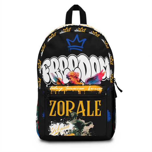 Backpack showcasing the word  ZORALE under a detailed crown illustration.

