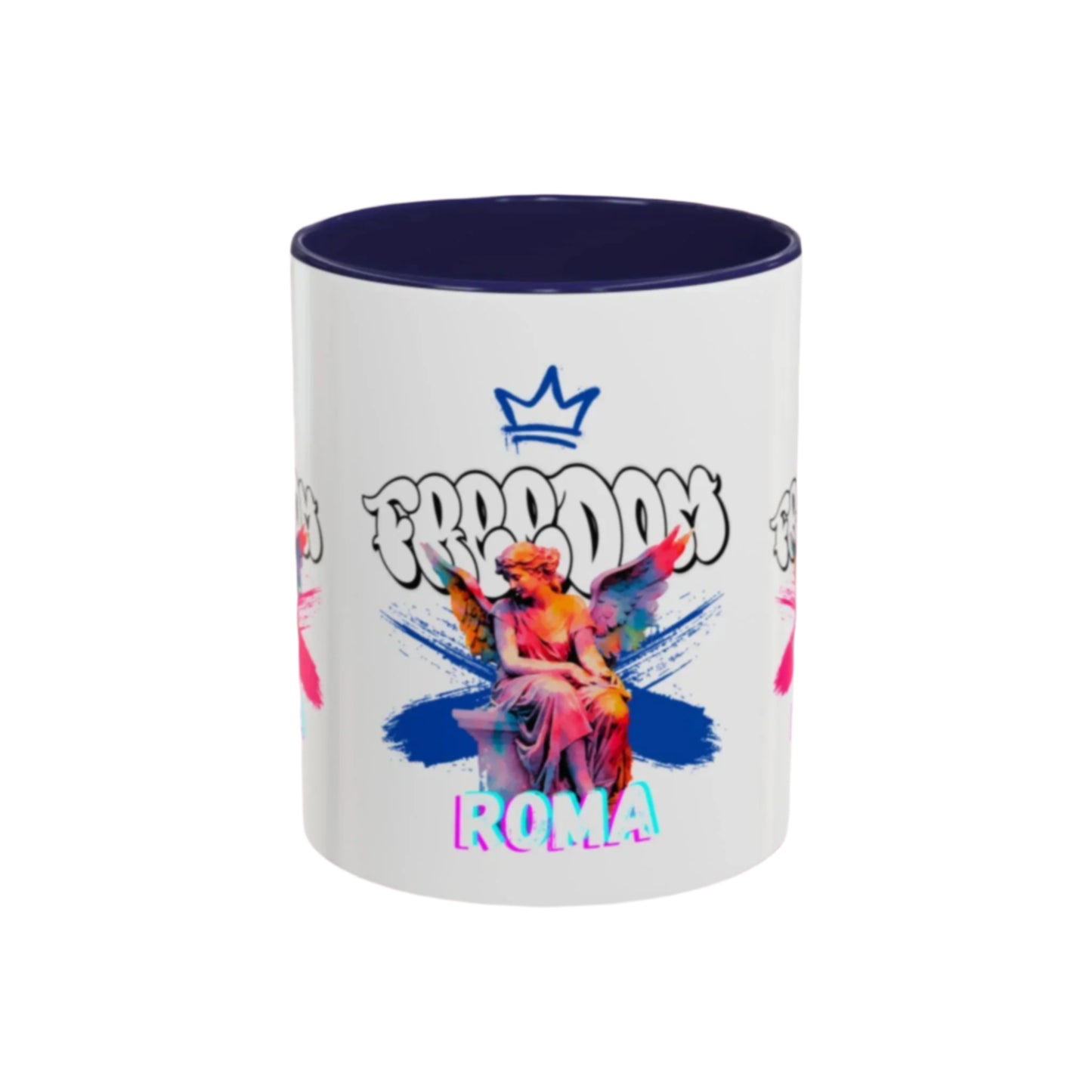 White mug outlined by bright orange handle and rim, featuring an ethereal angel crowned in pink with a background of flowing freedom letters.
