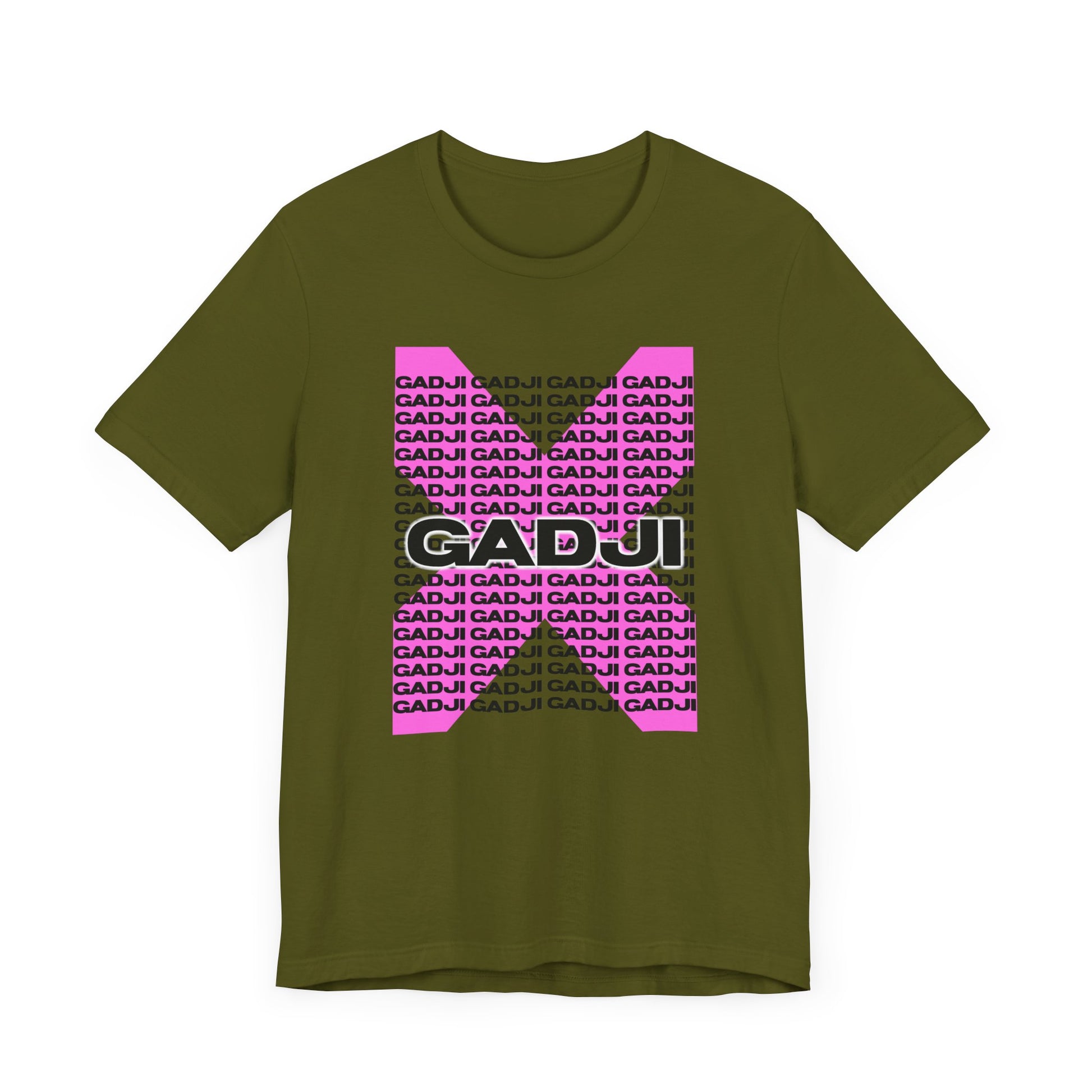 T-shirt showcasing GADJI lettering with a textured stone carving effect reminiscent of ancient Roman monuments.