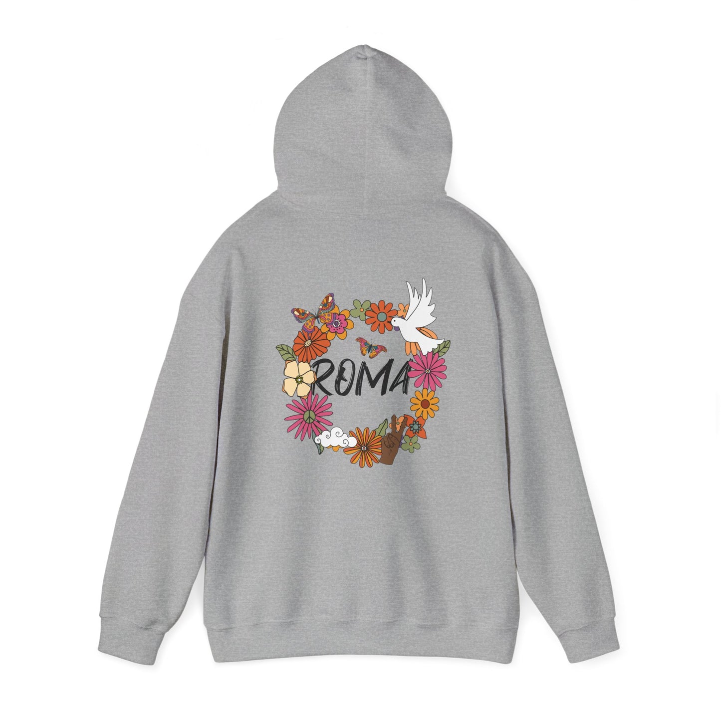 Hoodie presenting an elegant floral loop encircling a dove, with “ROMA” text prominently displayed inside the circle.